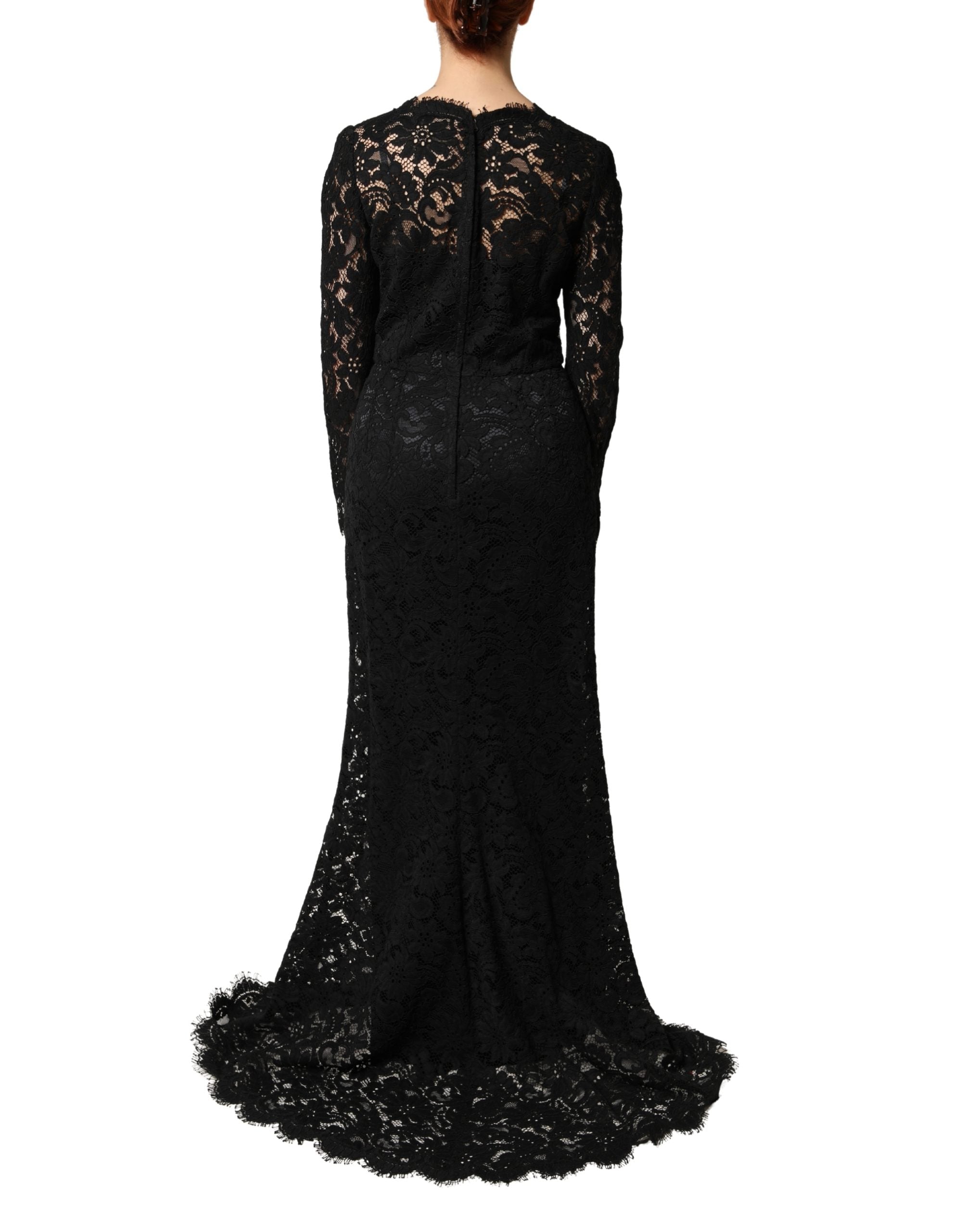 Dolce & Gabbana Black Cotton Maxi Dress with Lace Trim and Long Sleeves-4