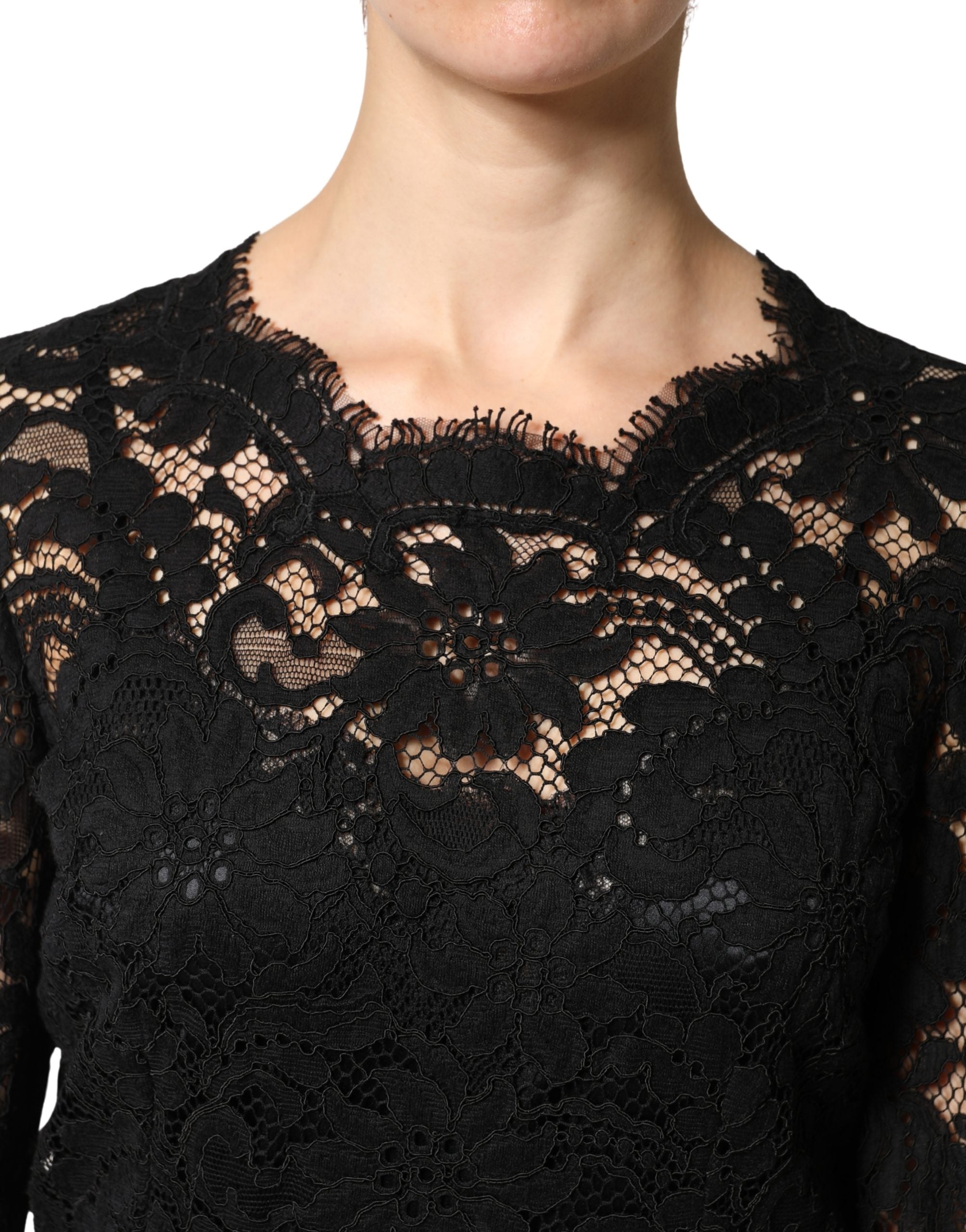 Dolce & Gabbana Black Cotton Maxi Dress with Lace Trim and Long Sleeves-5