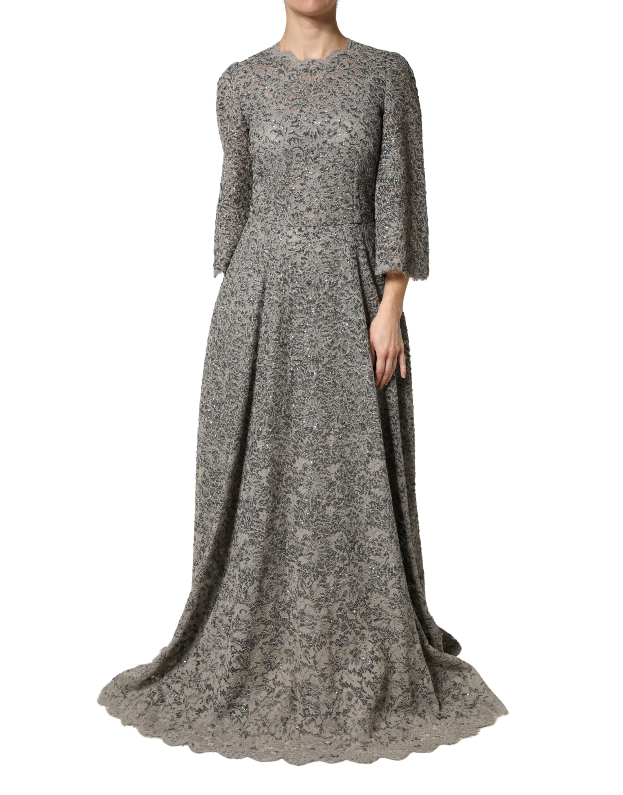 Dolce & Gabbana Grey Cotton Maxi Dress with Lace Trim and Long Sleeves-2