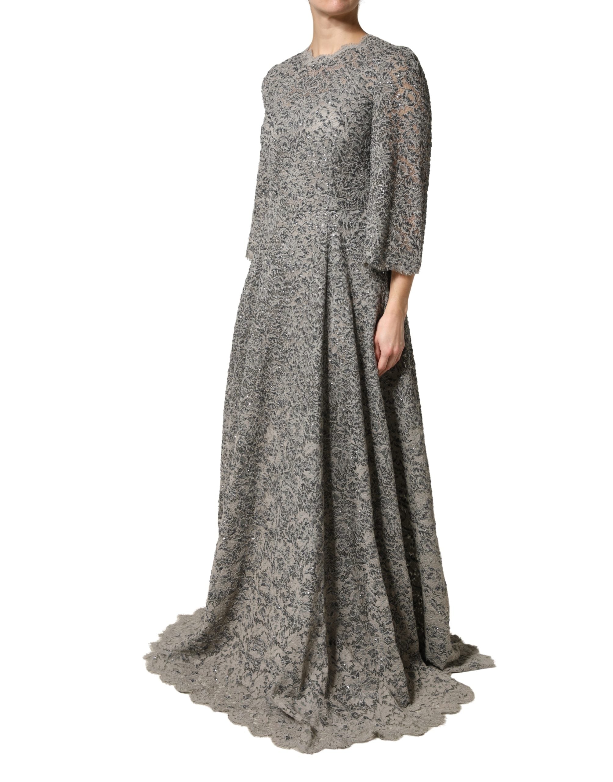 Dolce & Gabbana Grey Cotton Maxi Dress with Lace Trim and Long Sleeves-3