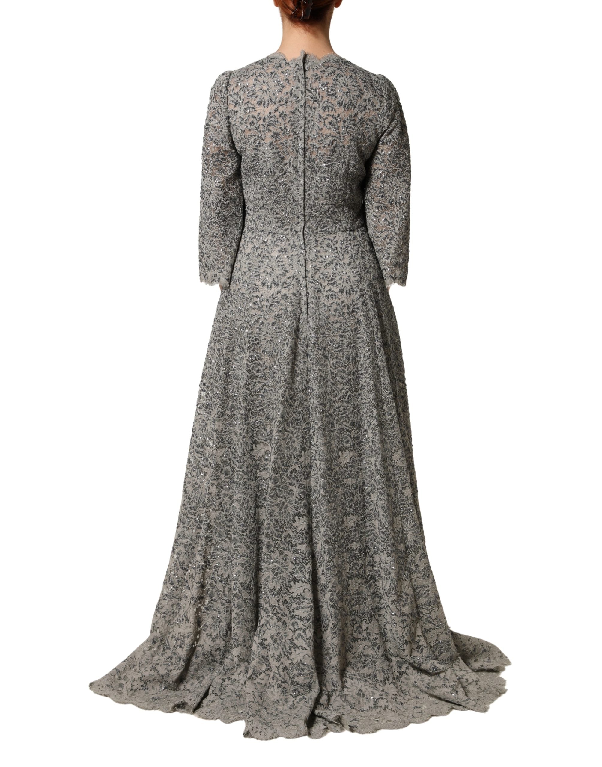 Dolce & Gabbana Grey Cotton Maxi Dress with Lace Trim and Long Sleeves-4