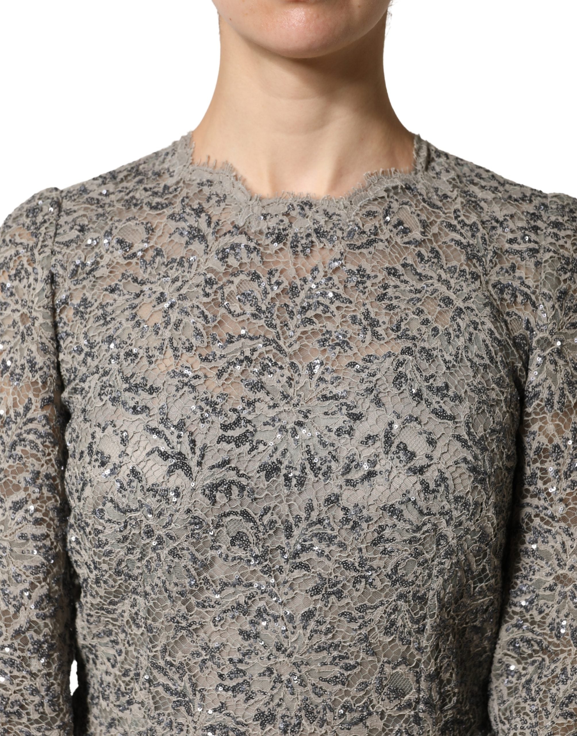 Dolce & Gabbana Grey Cotton Maxi Dress with Lace Trim and Long Sleeves-5