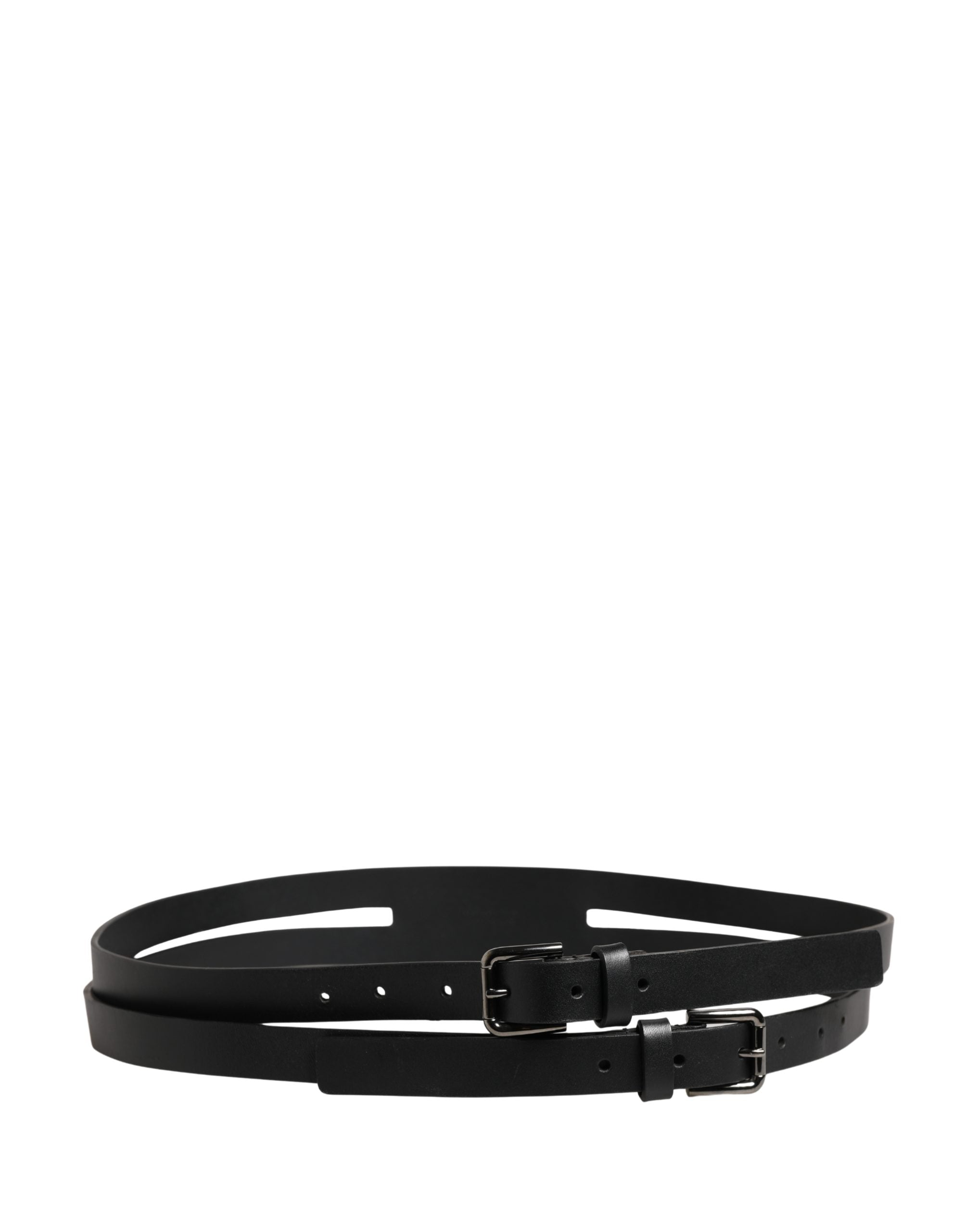 Dolce & Gabbana Black Leather Double Strap Belt with Silver Buckle-3