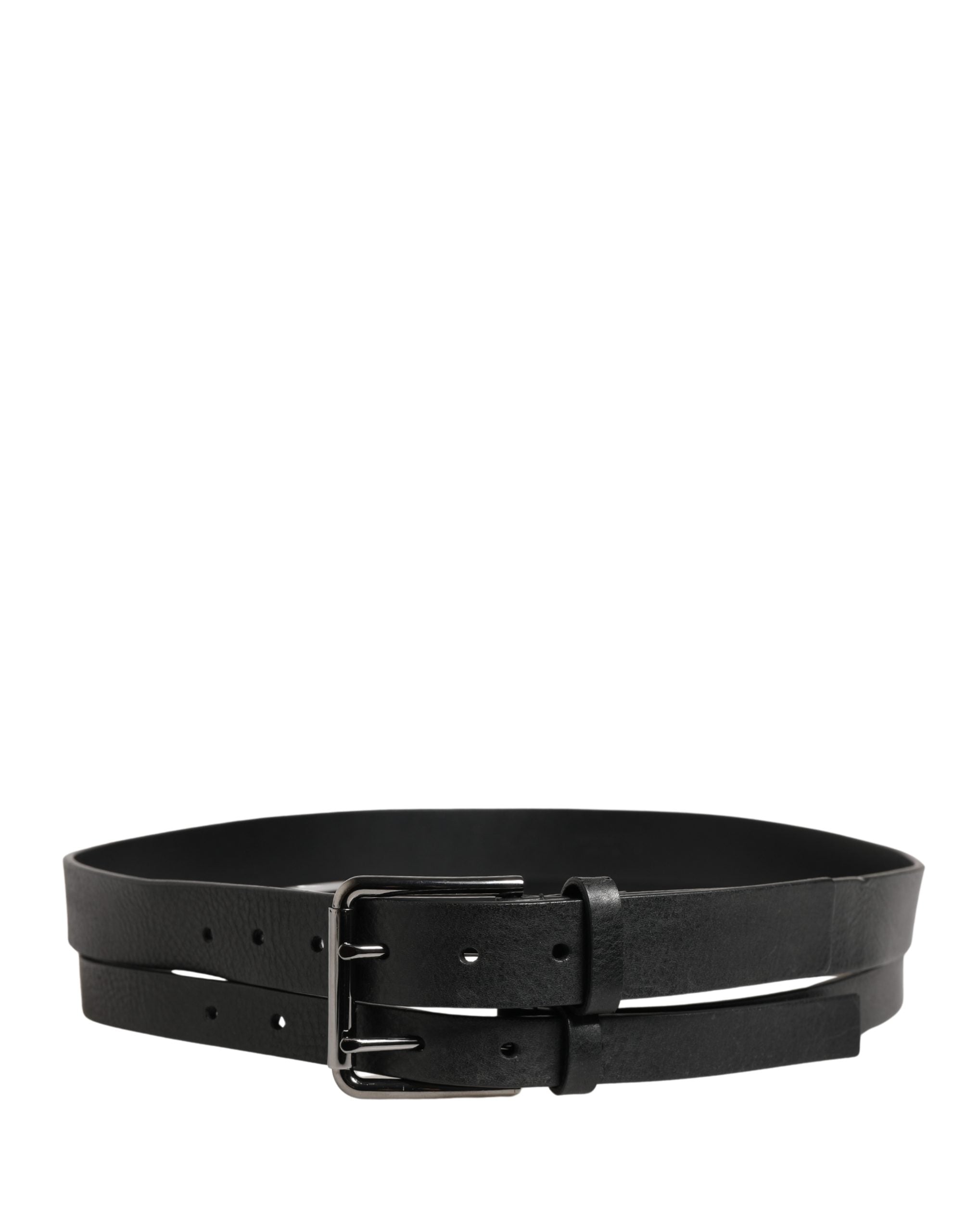 Dolce & Gabbana Black Leather Belt with Double Strap and Silver Buckle-3