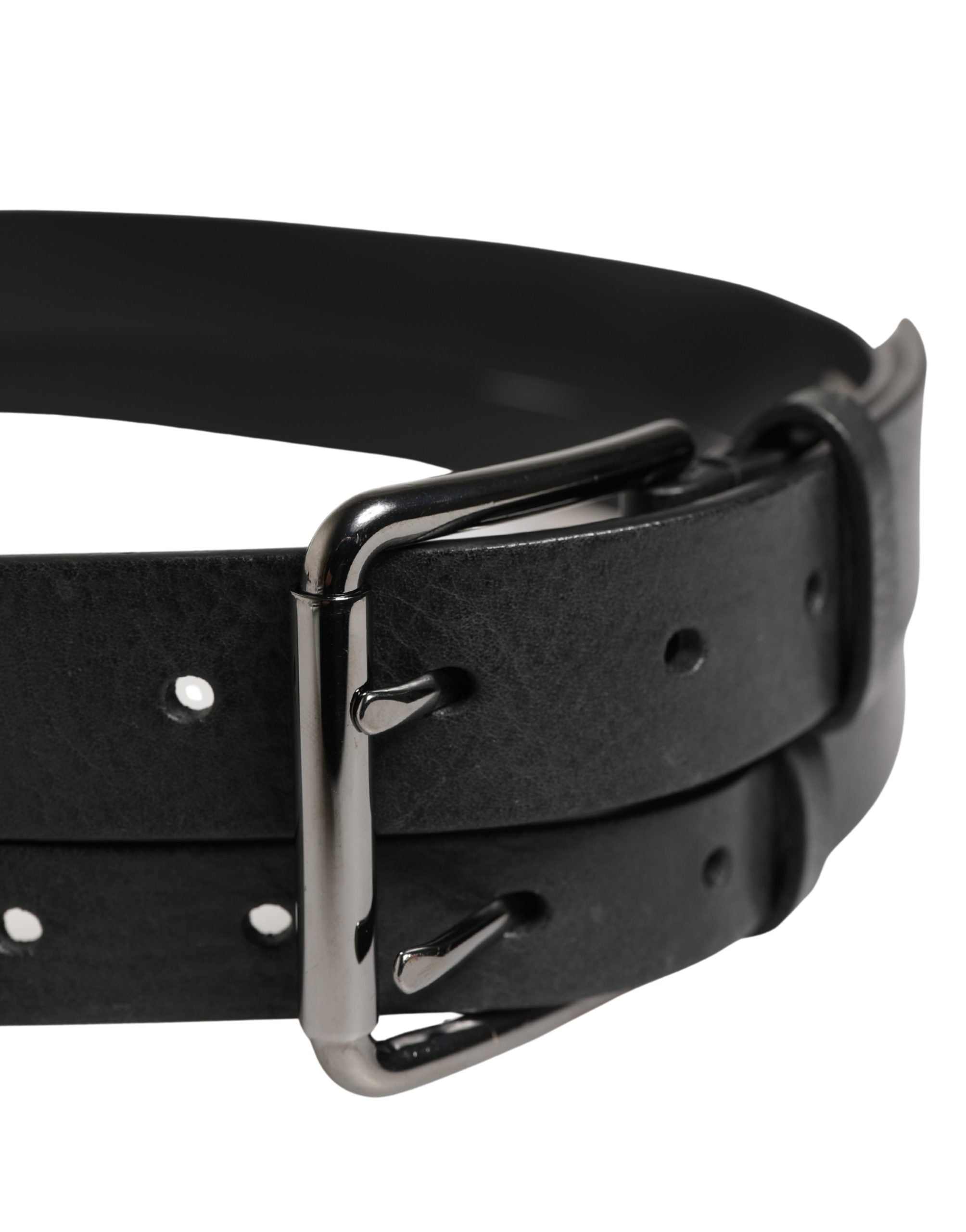 Dolce & Gabbana Black Leather Belt with Double Strap and Silver Buckle-4