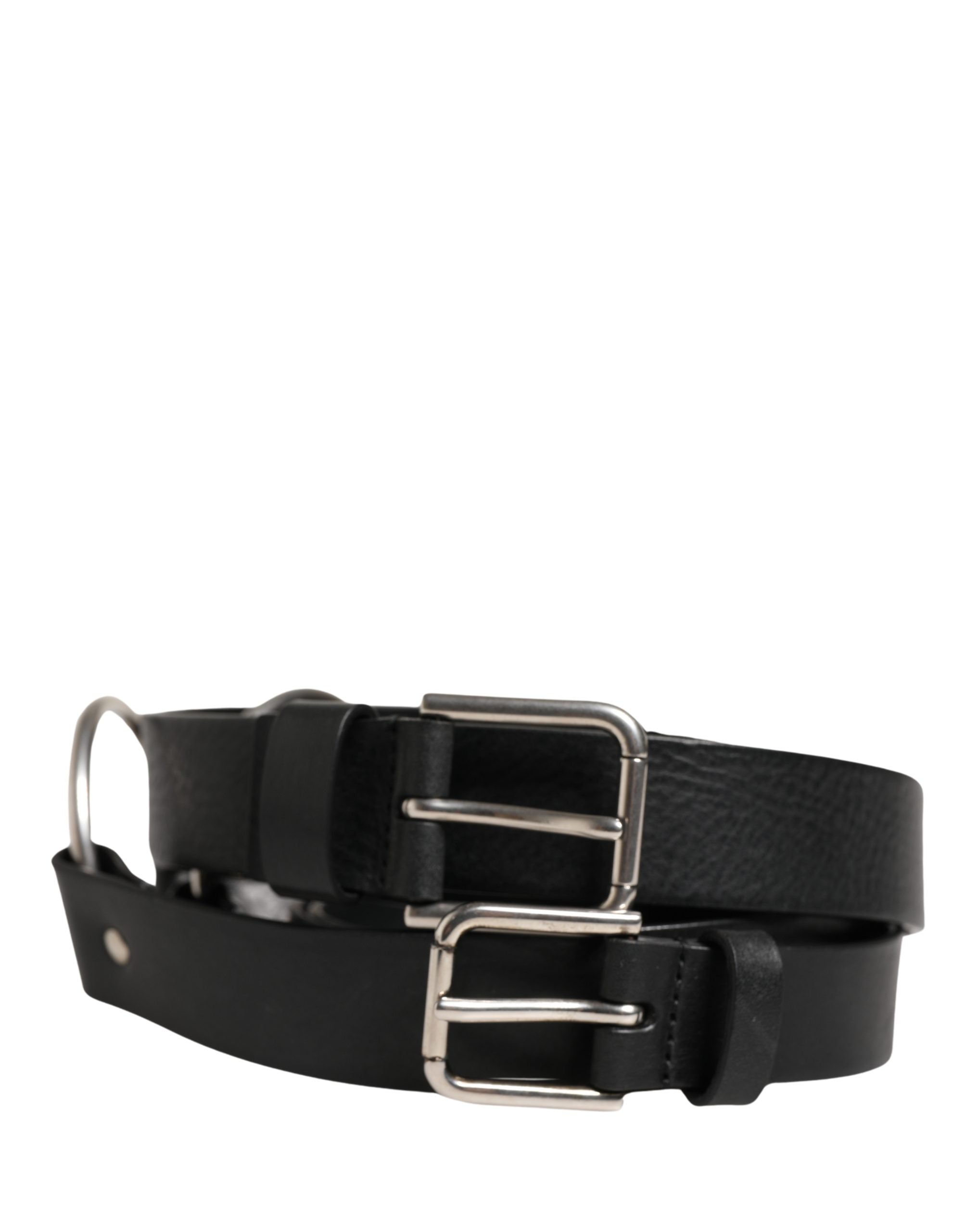 Dolce & Gabbana Schwarzer Ledergürtel mit Doppelriemen und silberner Schnalle-2