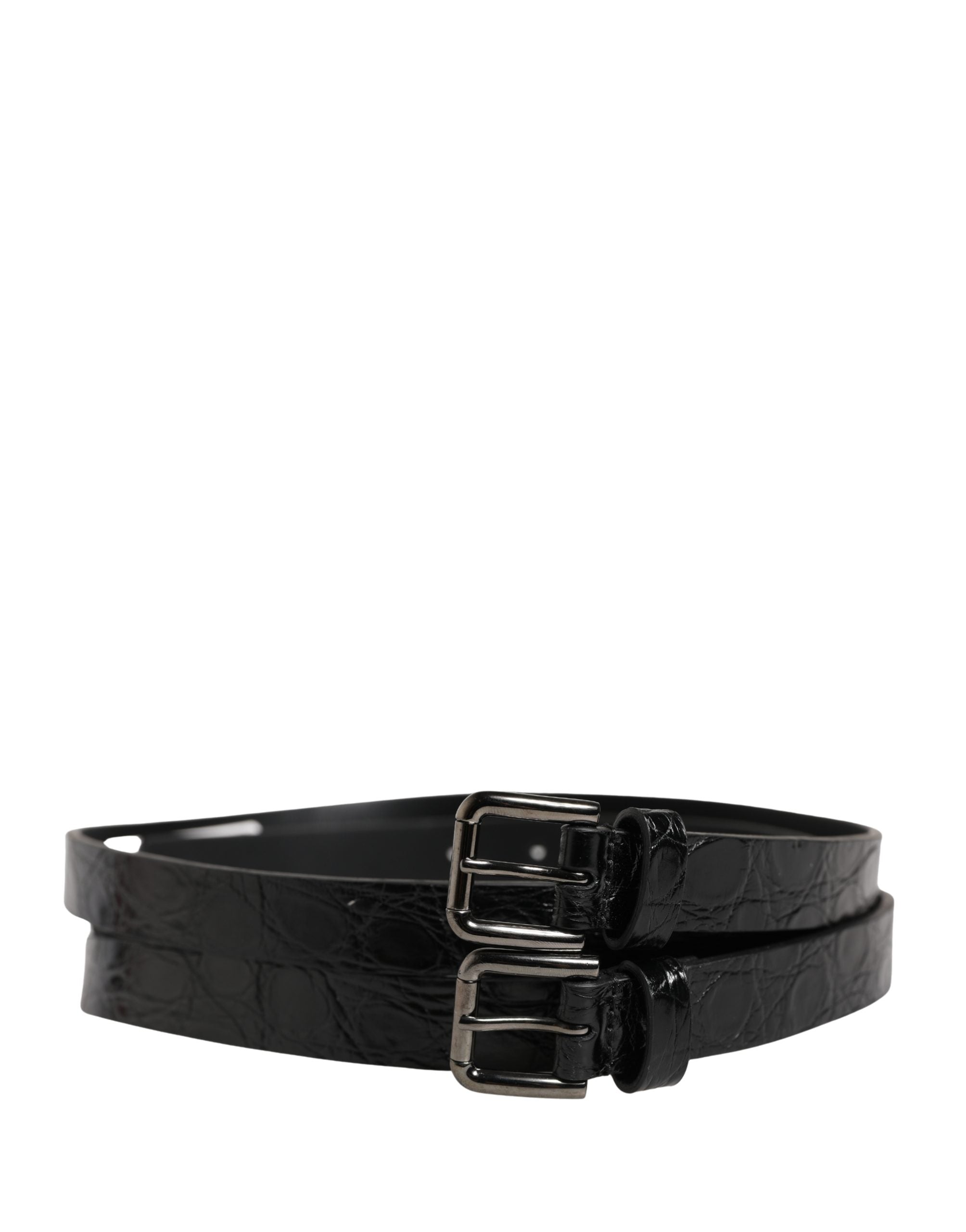 Dolce & Gabbana Black Leather Belt with Double Strap and Silver Buckle-1