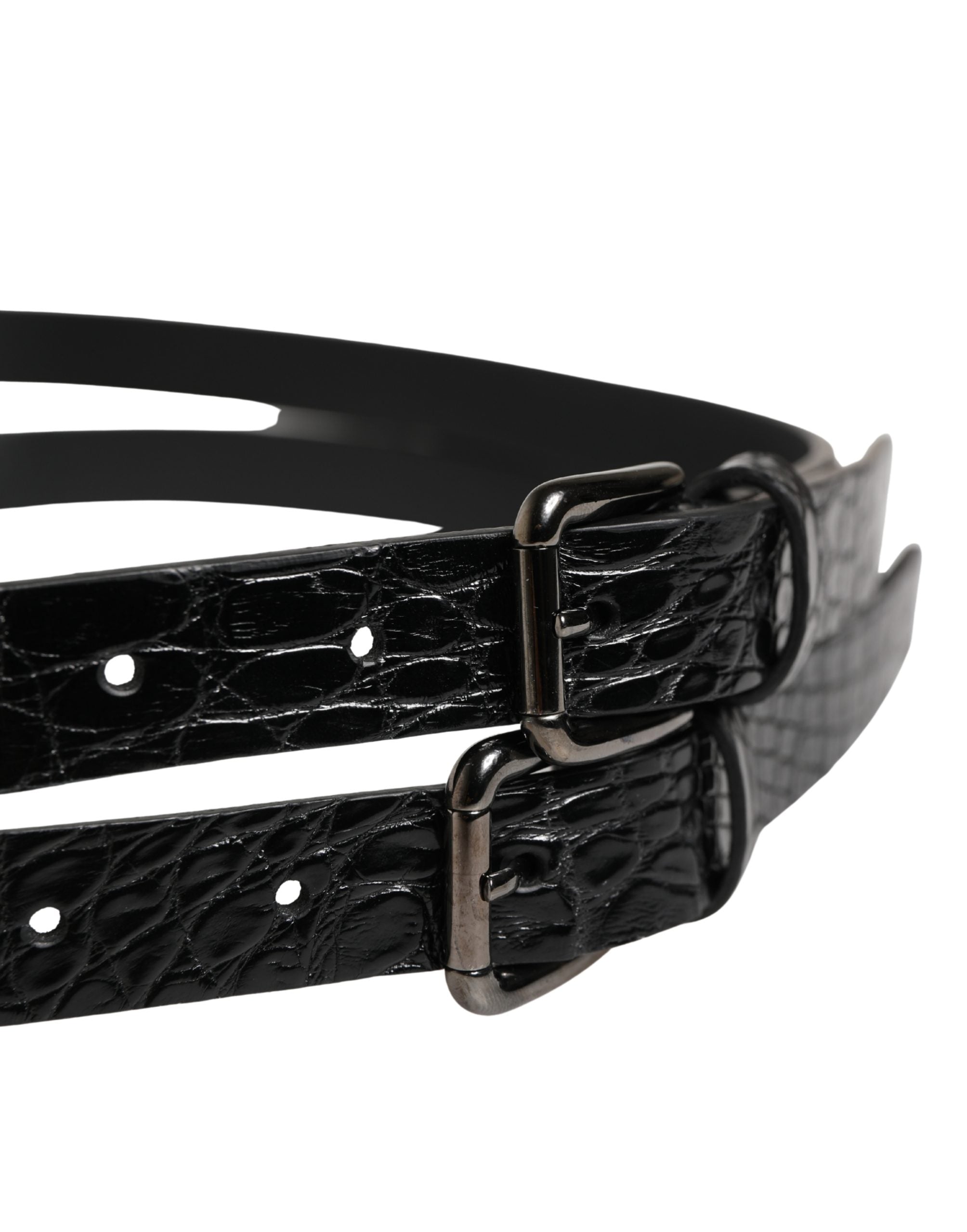 Dolce & Gabbana Black Leather Belt with Double Strap and Silver Buckle-4