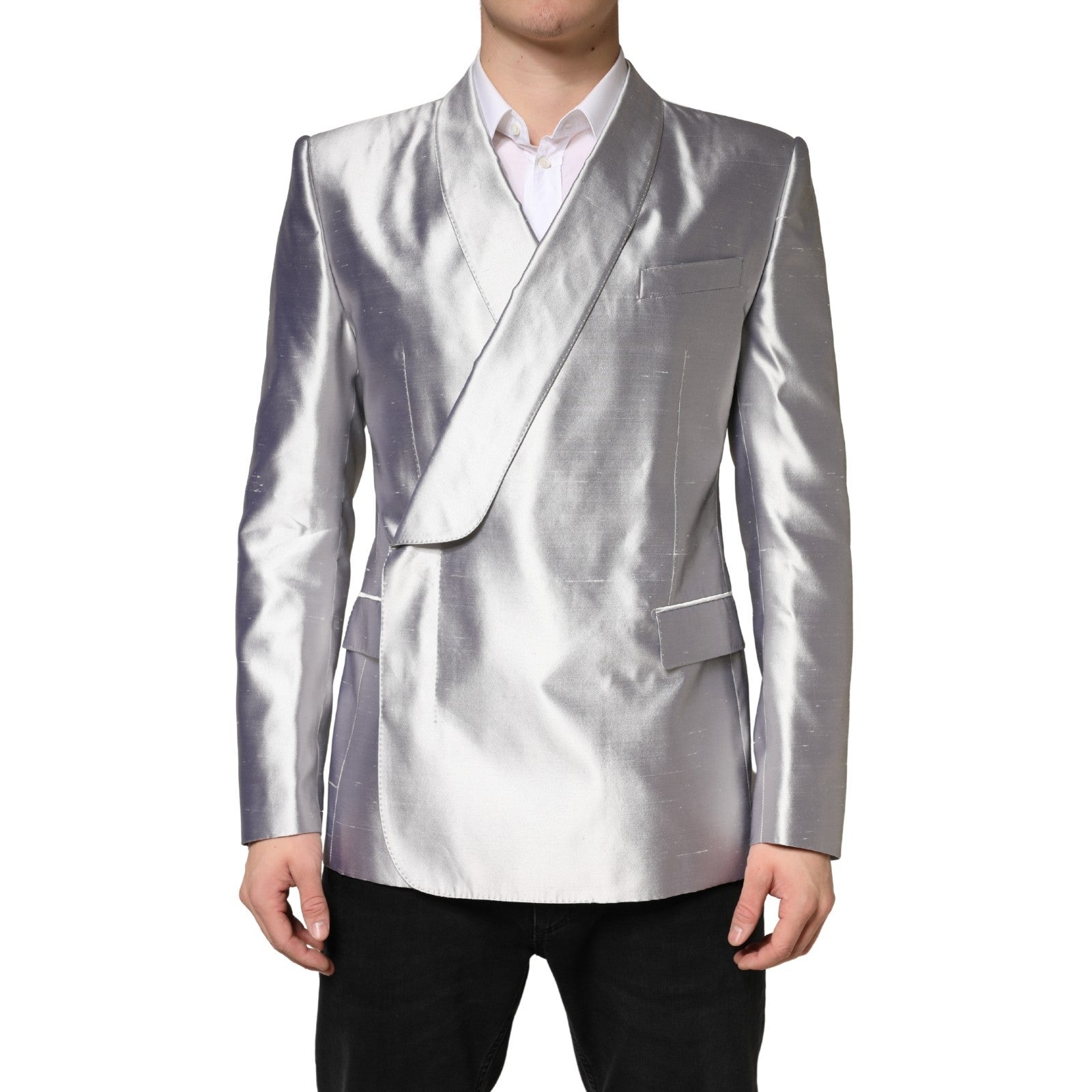 Dolce & Gabbana Silver SICILIA Double-Breasted Silk Blazer-1