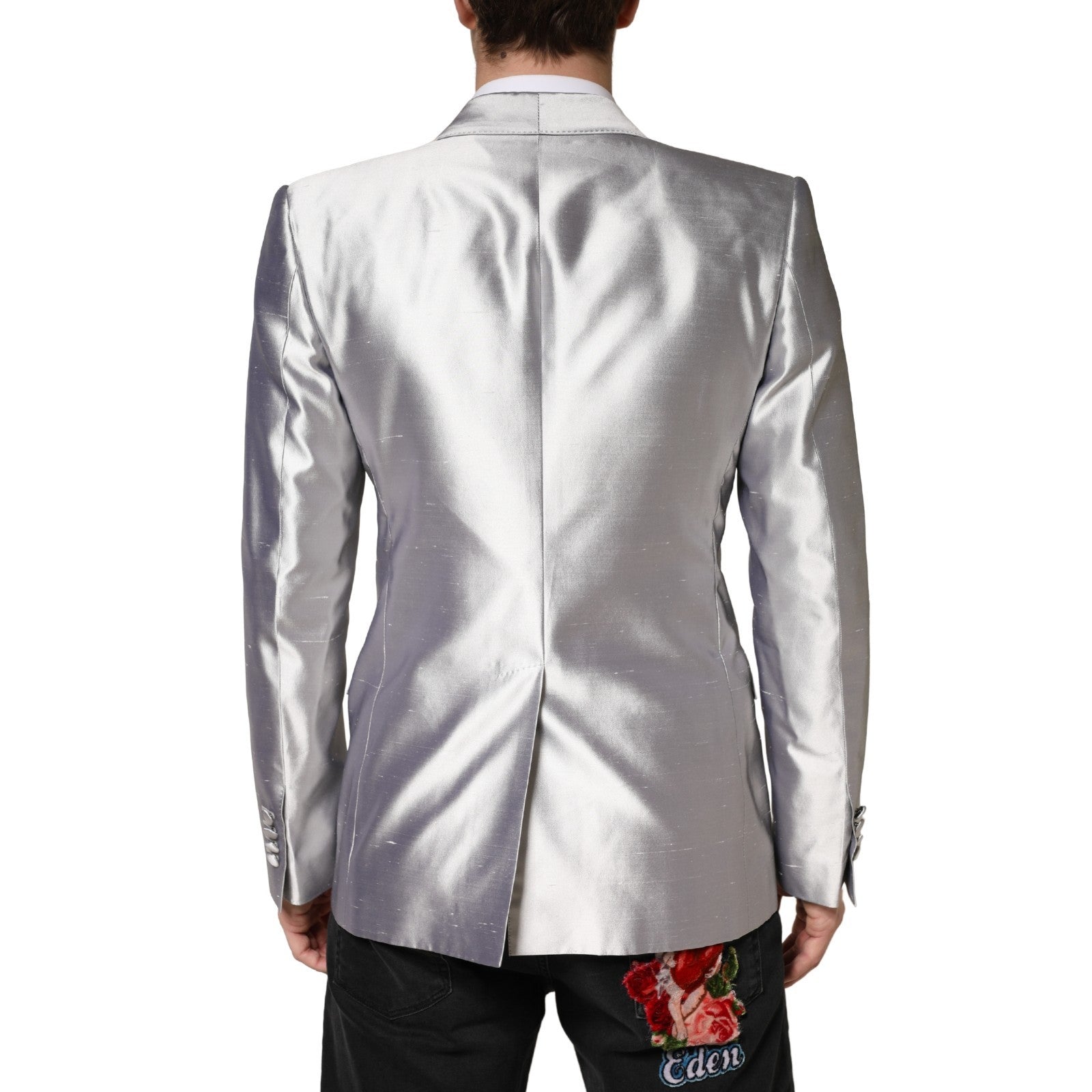 Dolce & Gabbana Silver SICILIA Double-Breasted Silk Blazer-4
