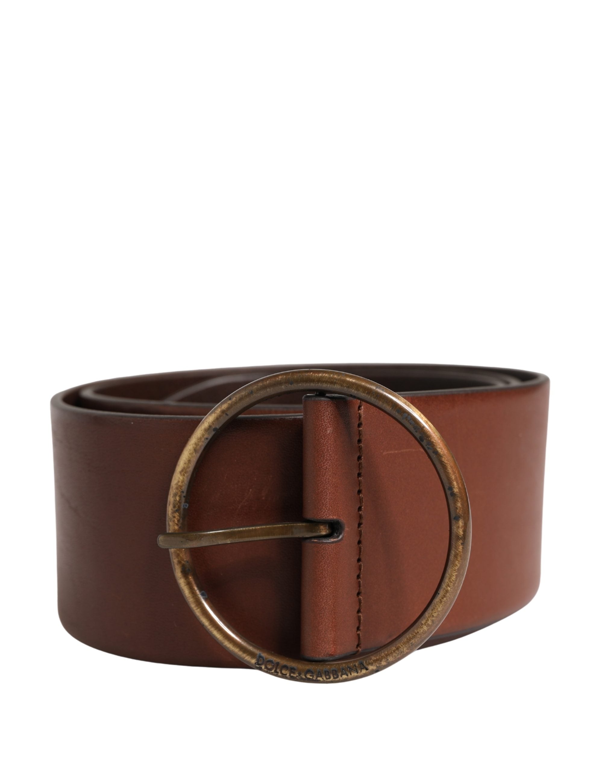 Dolce & Gabbana Brown Leather Belt with Wide Waistband and Round Metal Buckle-1