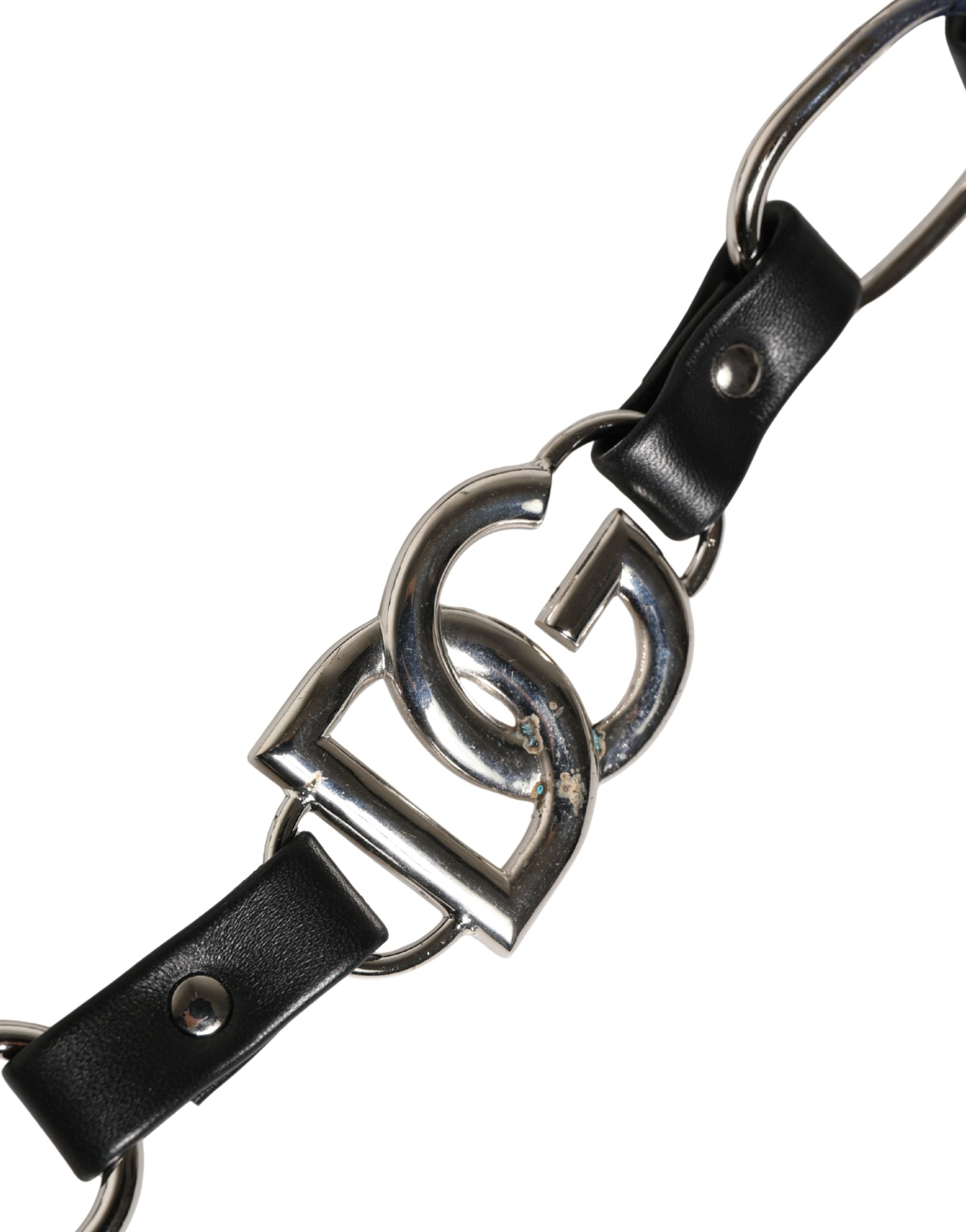 Dolce & Gabbana Black Leather Shoulder Strap with Silver Chain-4