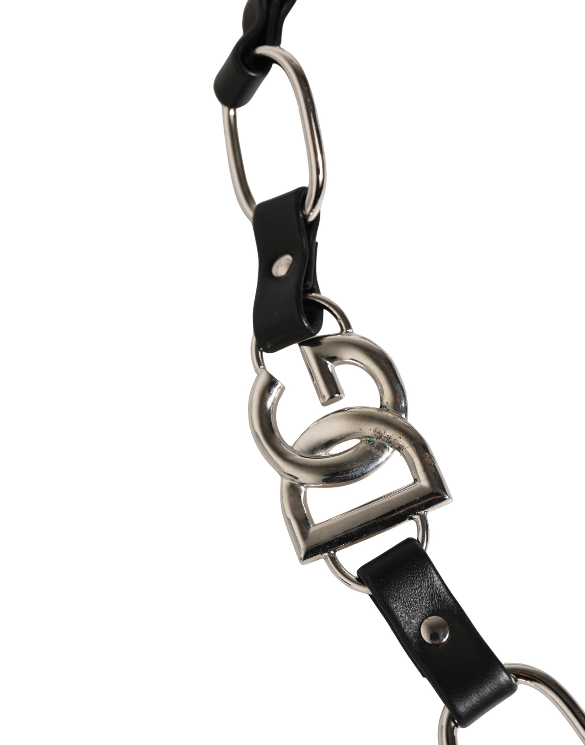 Dolce & Gabbana Black Leather Shoulder Strap with Silver Chain-5