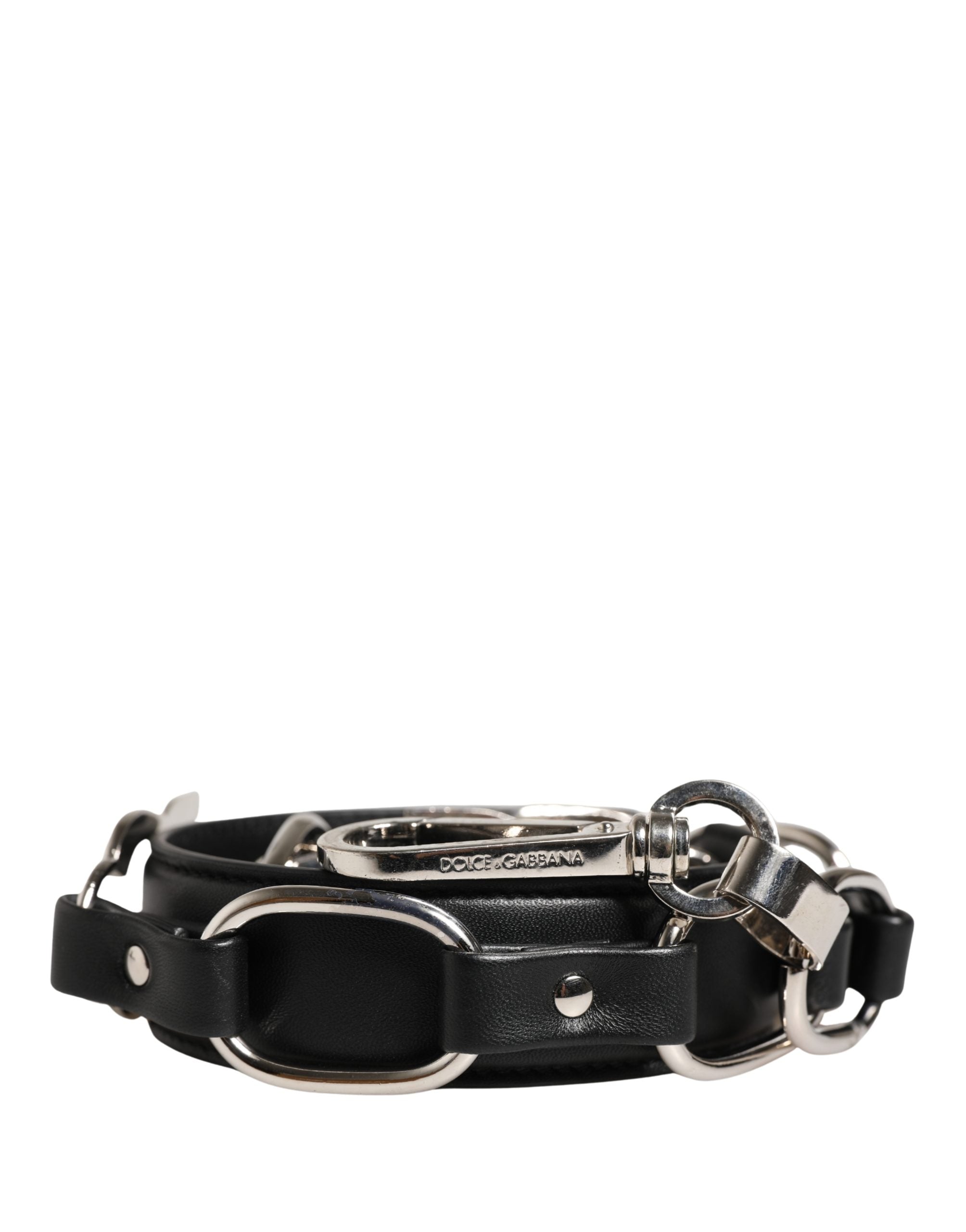 Dolce & Gabbana Black Leather Shoulder Strap with Silver Chain-6