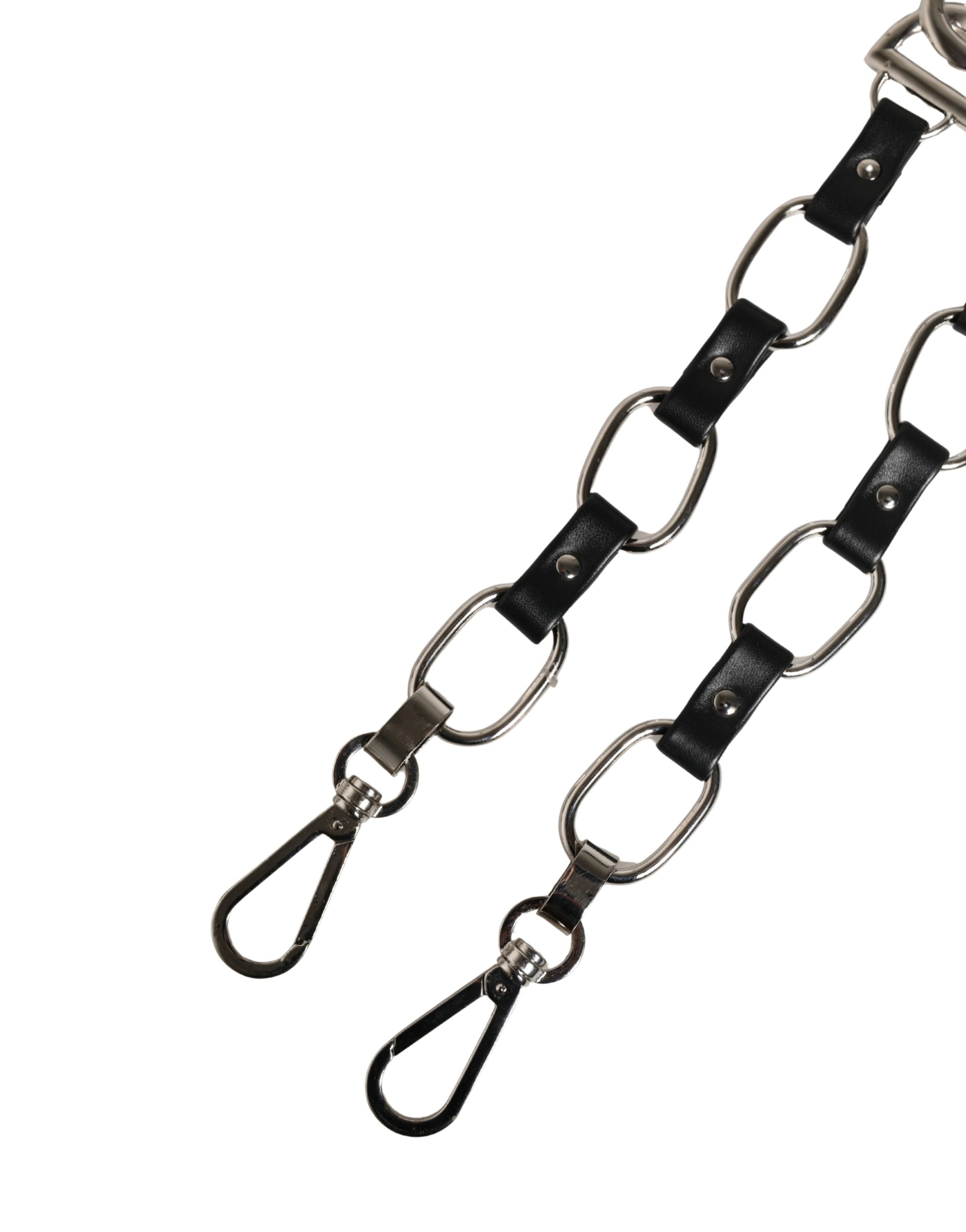 Dolce & Gabbana Black Leather Shoulder Strap with Silver Chain-7