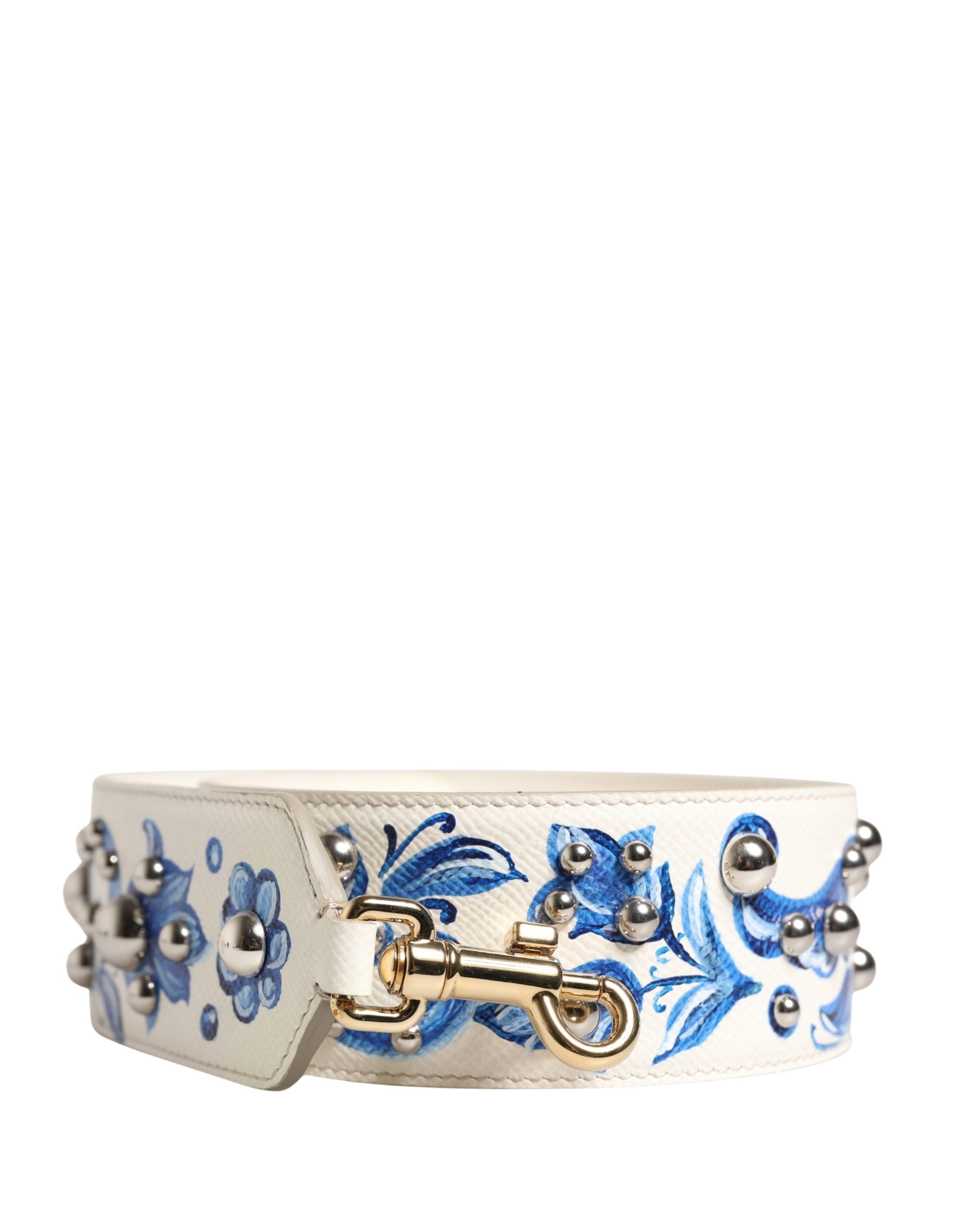 Dolce & Gabbana Schulterriemen aus weißem Leder mit blauem Blumenmuster und Nieten-2
