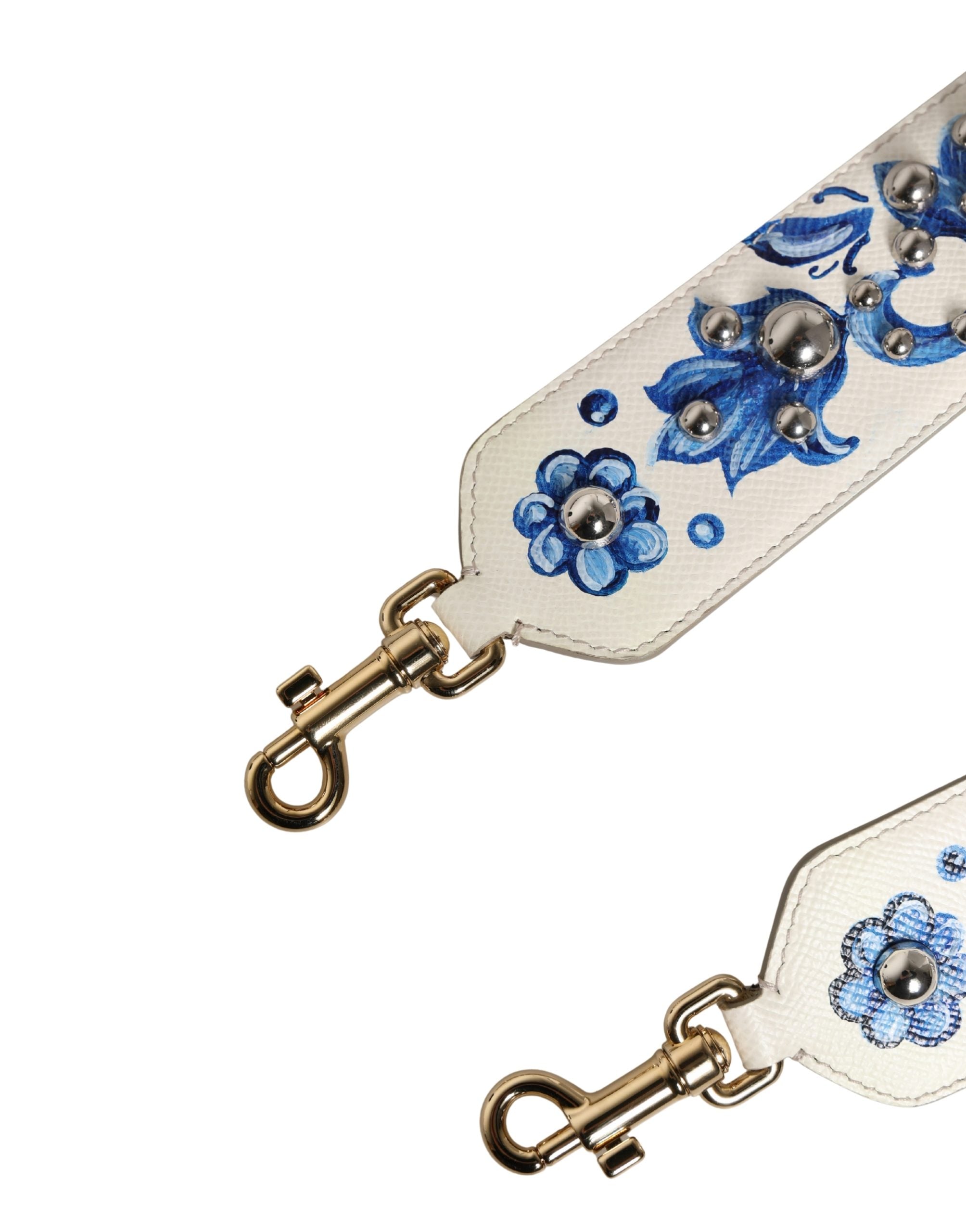 Dolce & Gabbana Schulterriemen aus weißem Leder mit blauem Blumenmuster und Nieten-3