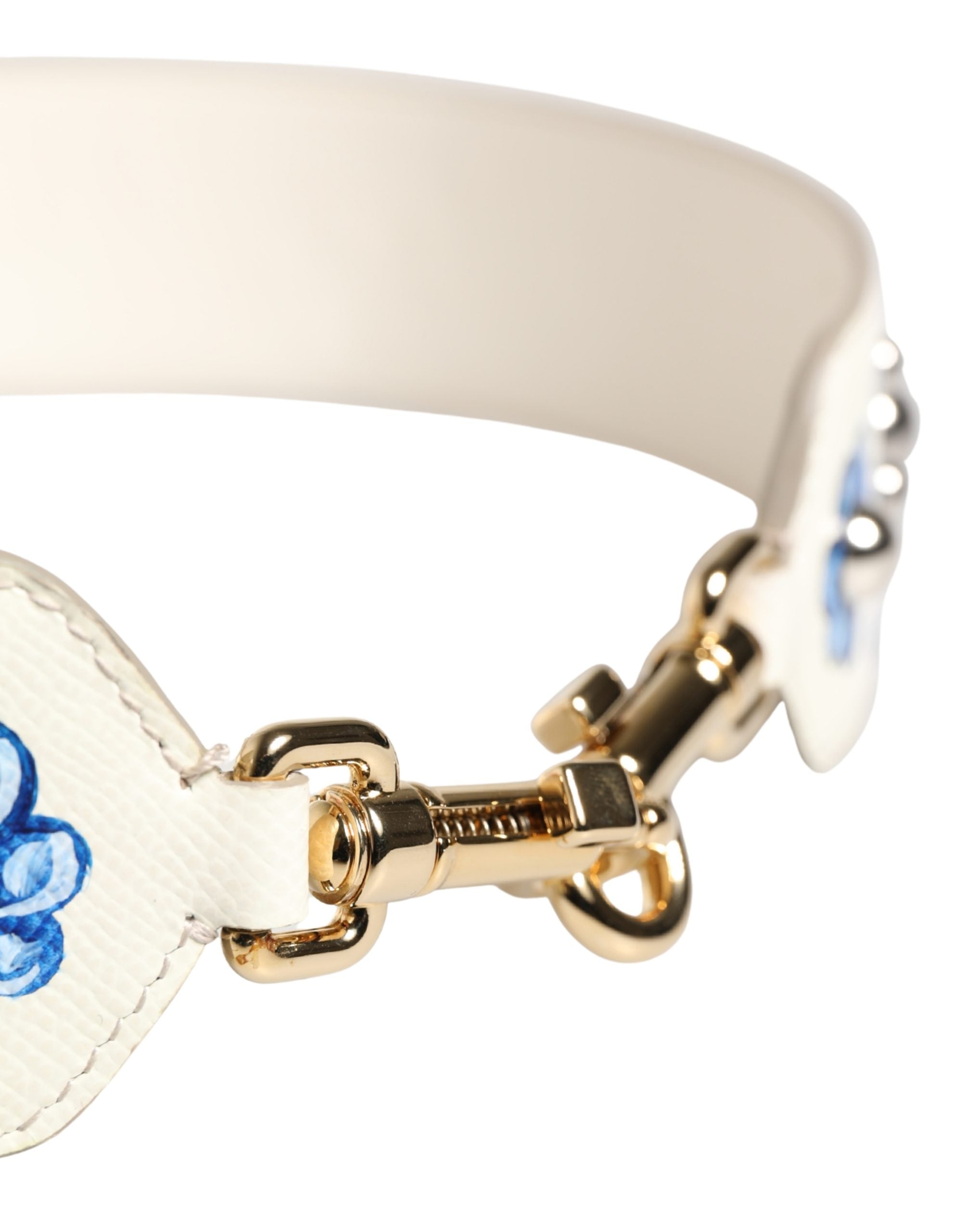 Dolce & Gabbana Schulterriemen aus weißem Leder mit blauem Blumenmuster und Nieten-4