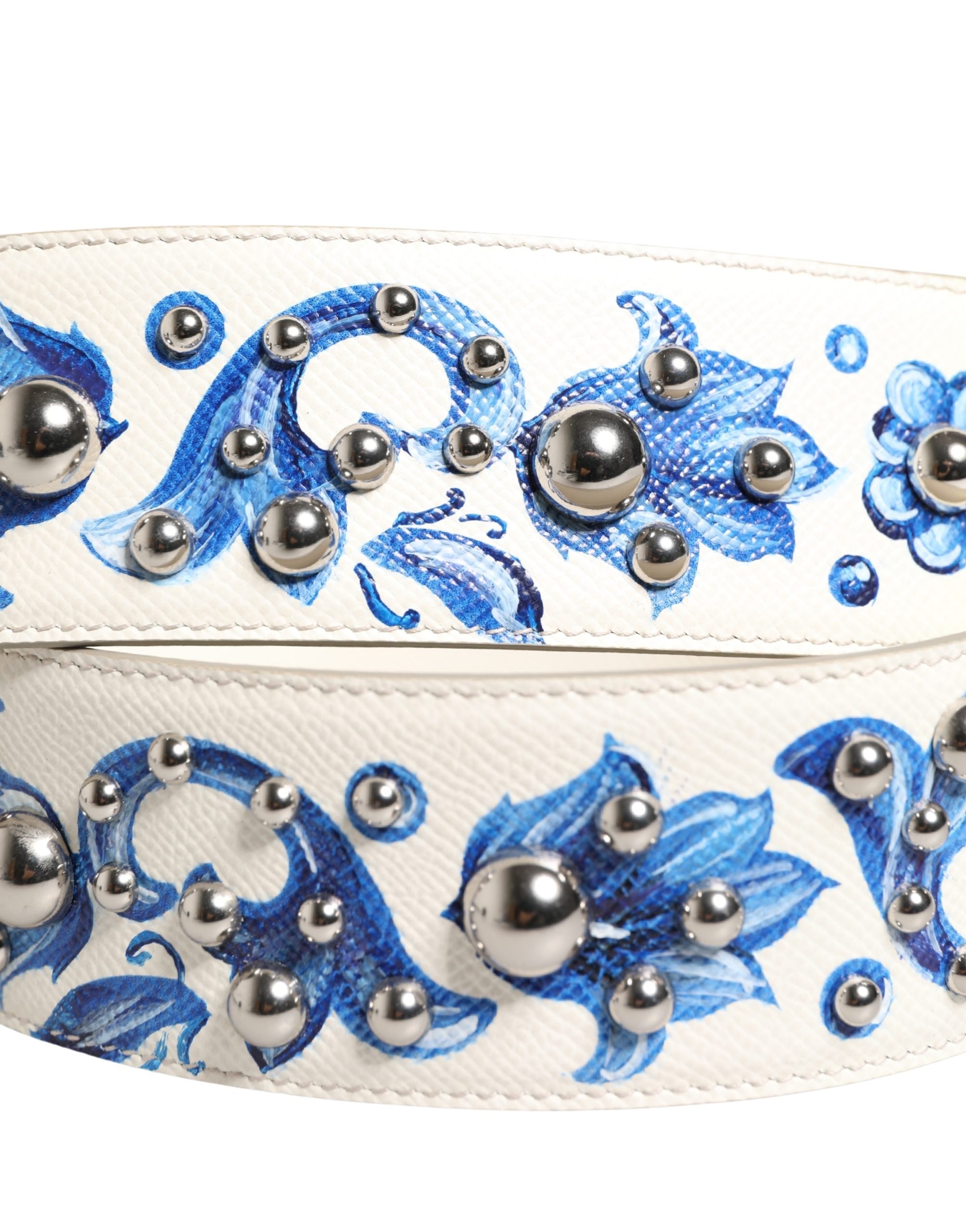 Dolce & Gabbana Schulterriemen aus weißem Leder mit blauem Blumenmuster und Nieten-5