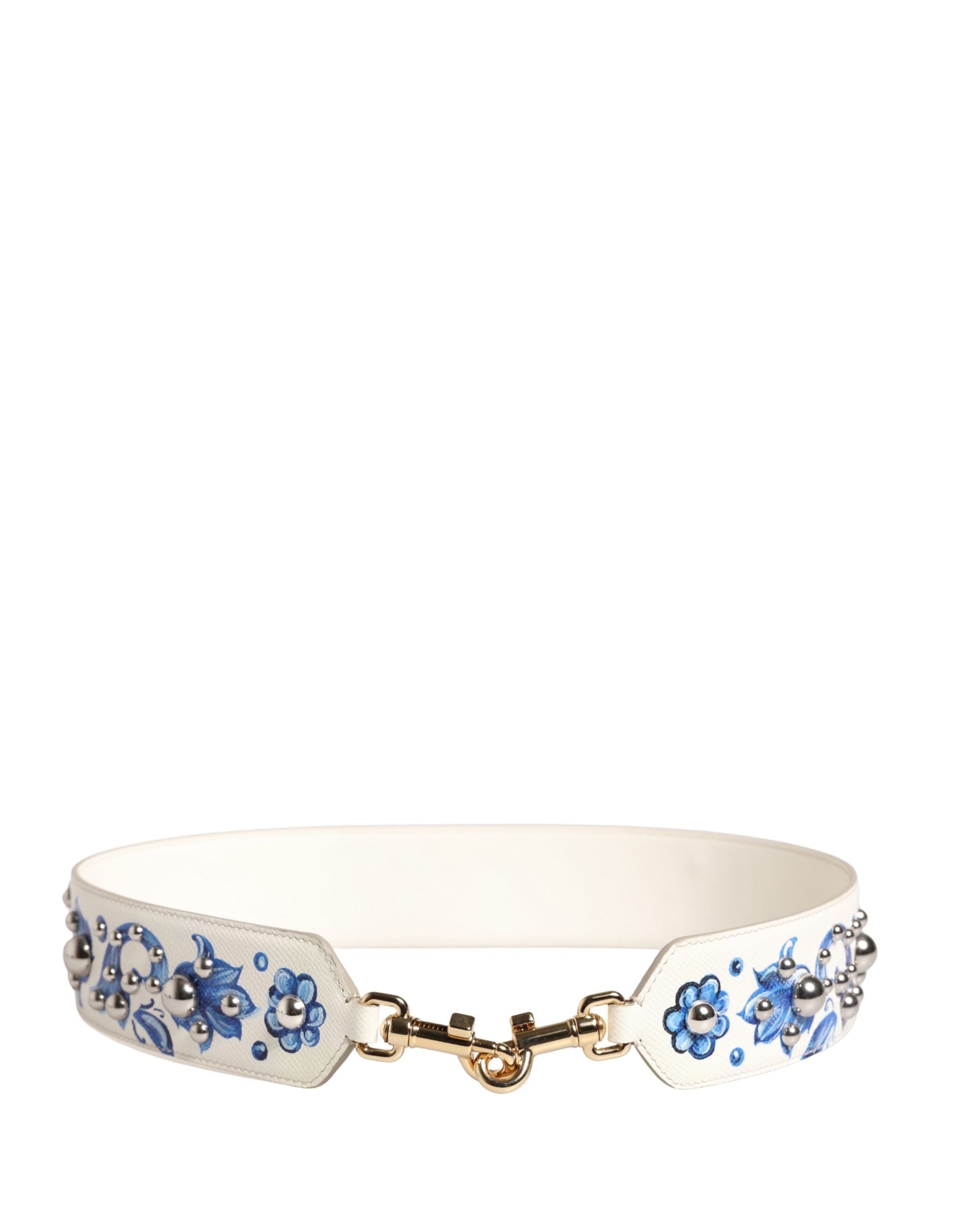 Dolce & Gabbana Schulterriemen aus weißem Leder mit blauem Blumenmuster und Nieten-7