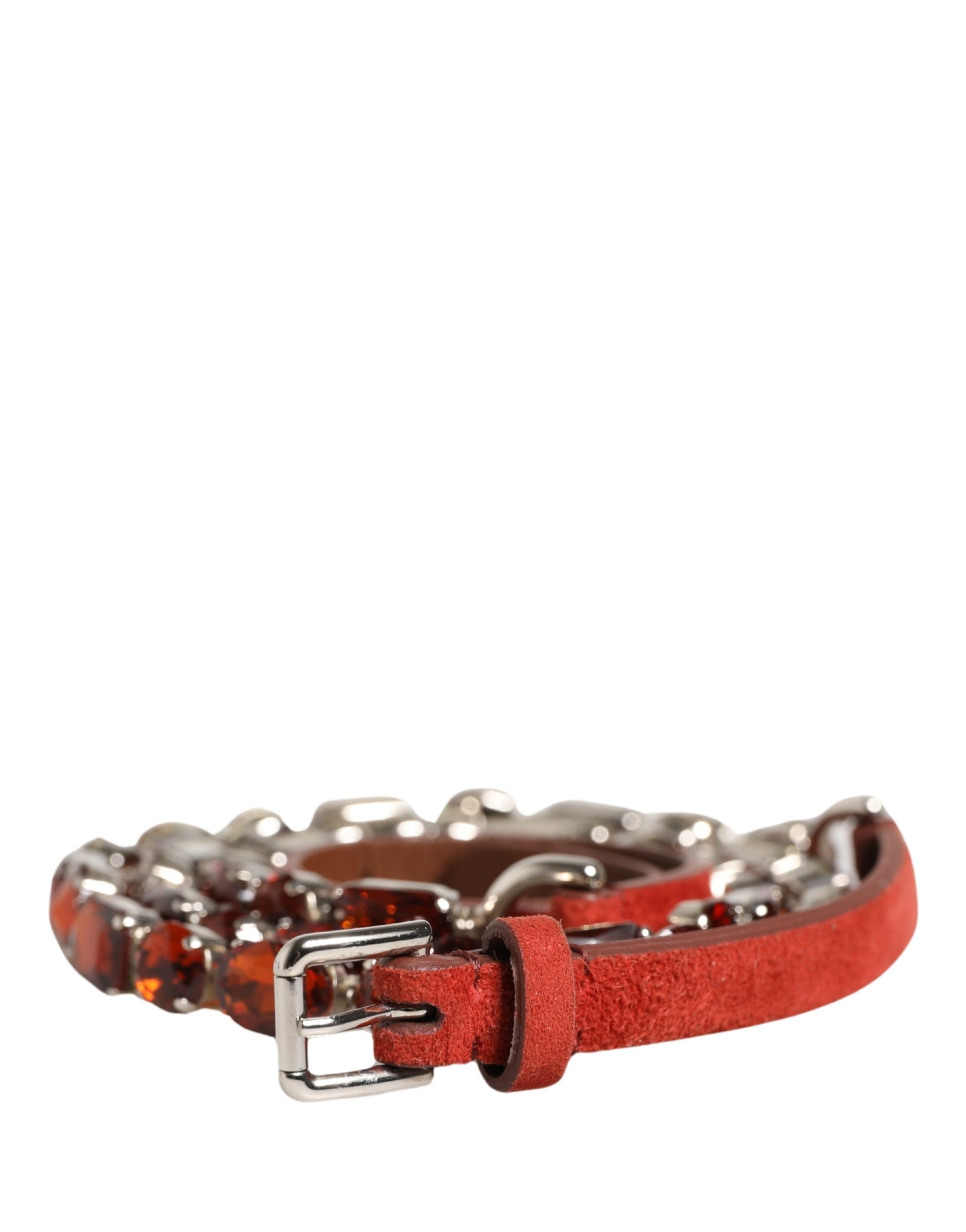 Dolce & Gabbana Red Velvet Belt with Crystal Embellishment and Chain-2