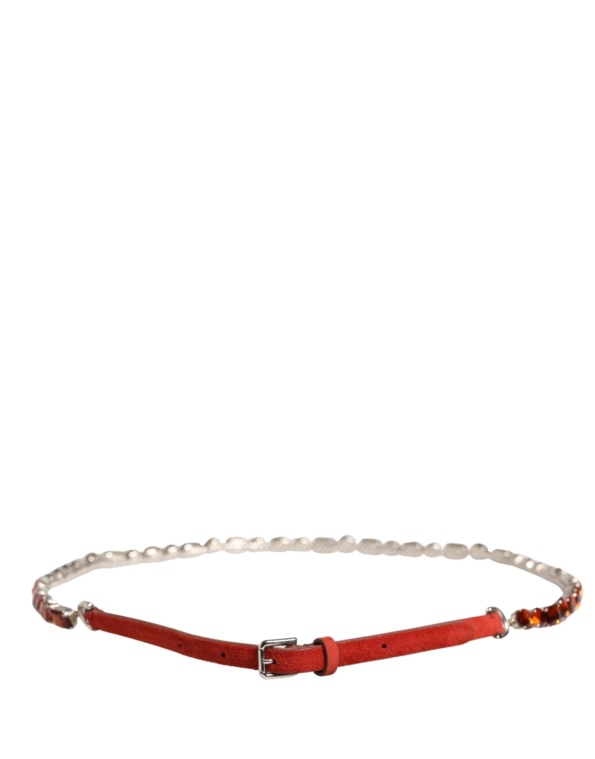 Dolce & Gabbana Red Velvet Belt with Crystal Embellishment and Chain-3