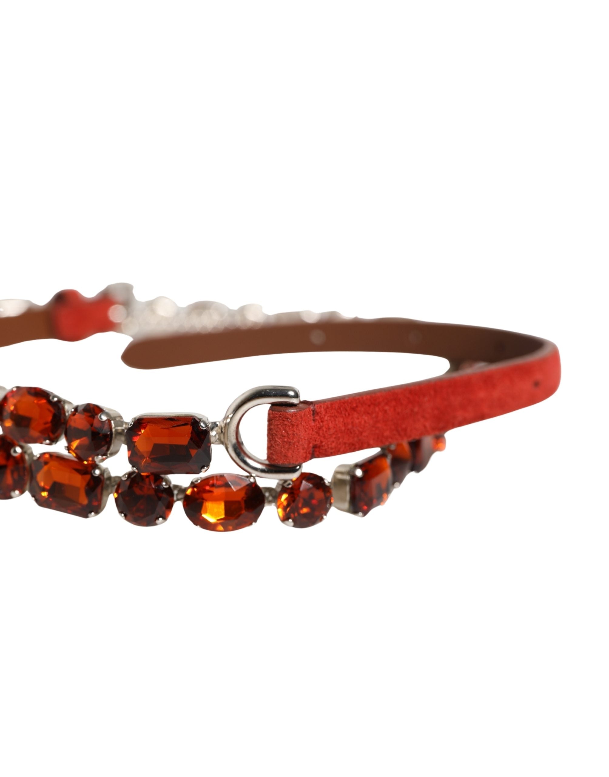 Dolce & Gabbana Red Velvet Belt with Crystal Embellishment and Chain-5
