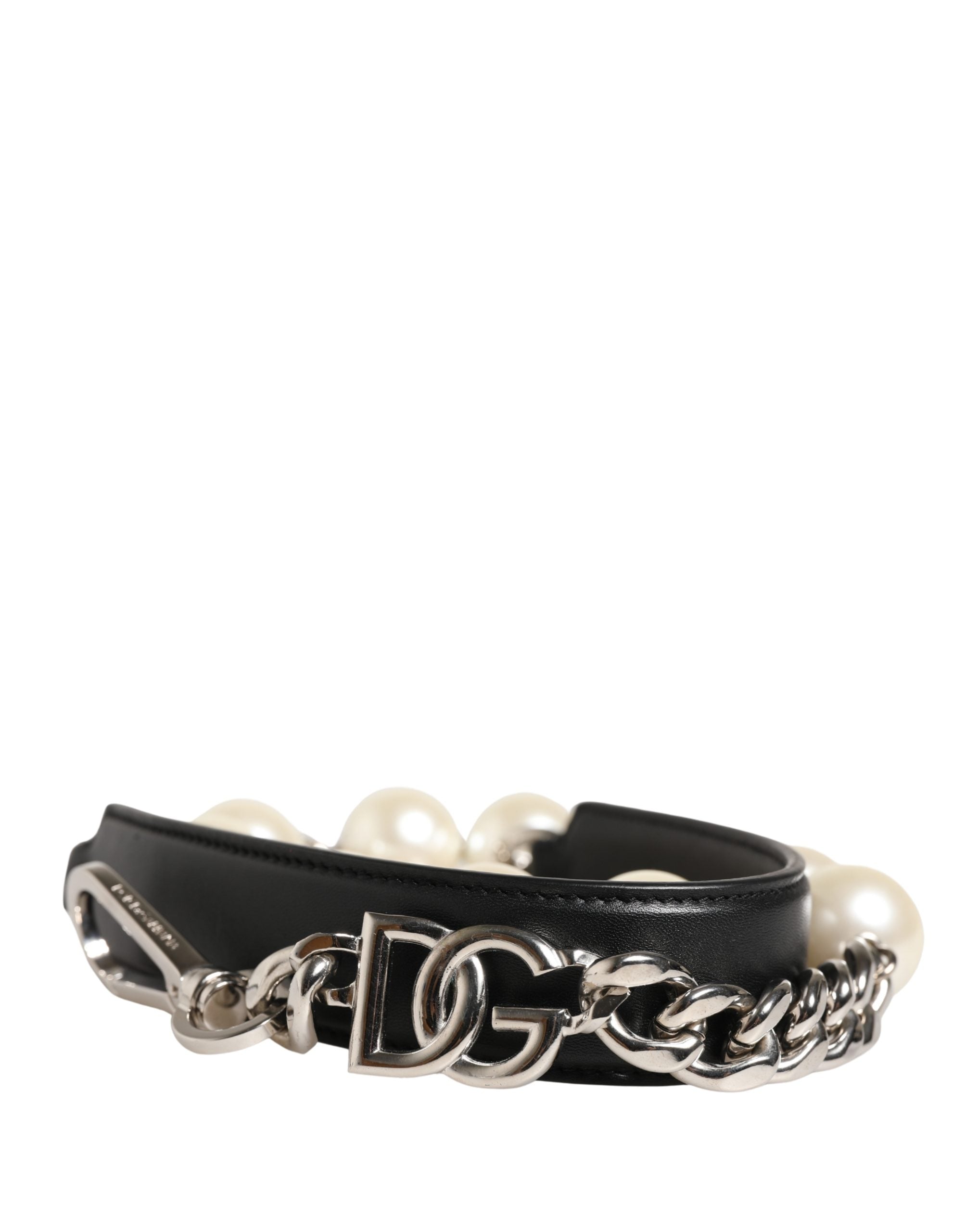 Dolce & Gabbana Schwarzer Leder-Schultergurt mit silberner Kette-1