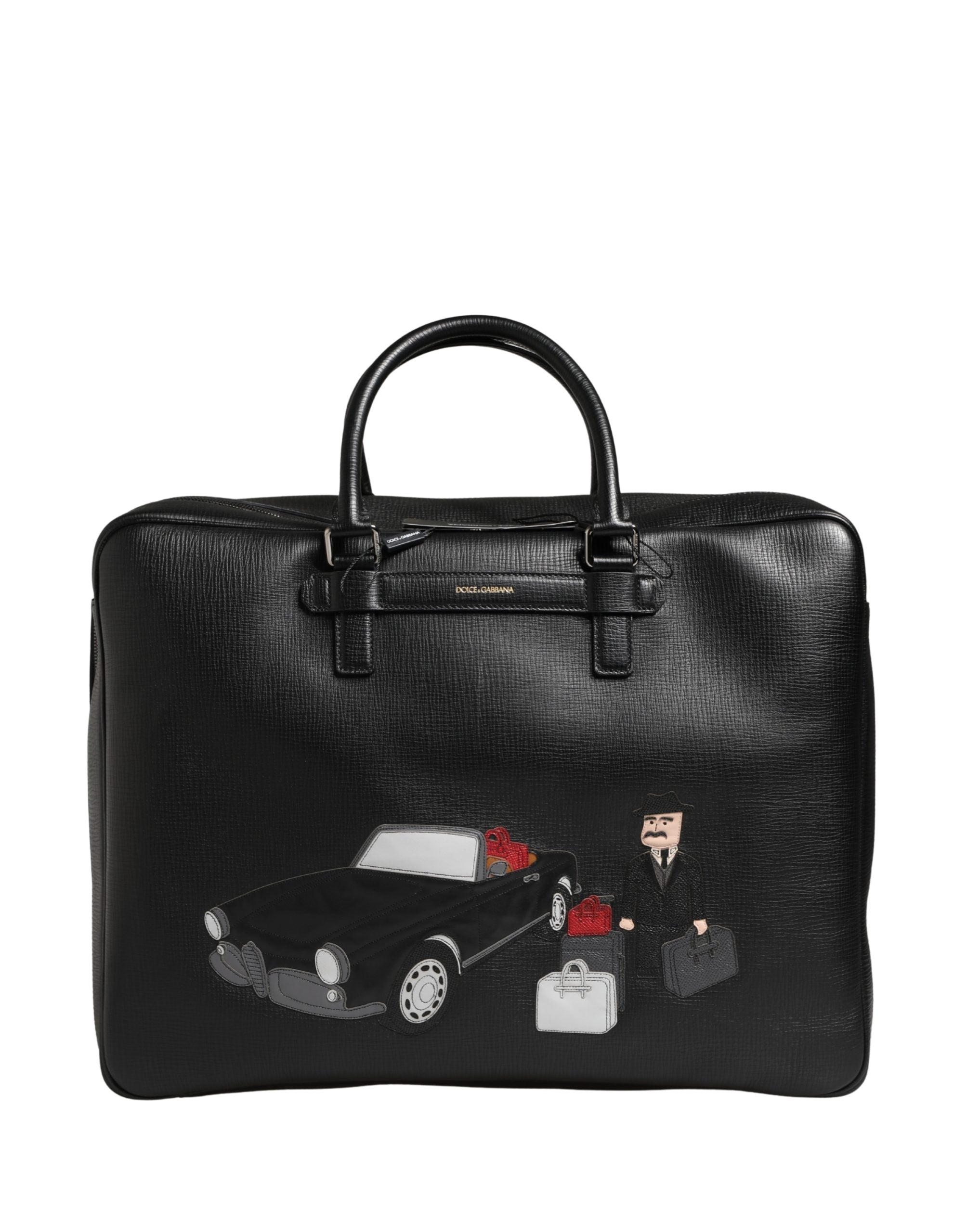 Dolce & Gabbana Schwarze Leder-Weekender-Tasche mit Auto-Applikation-1
