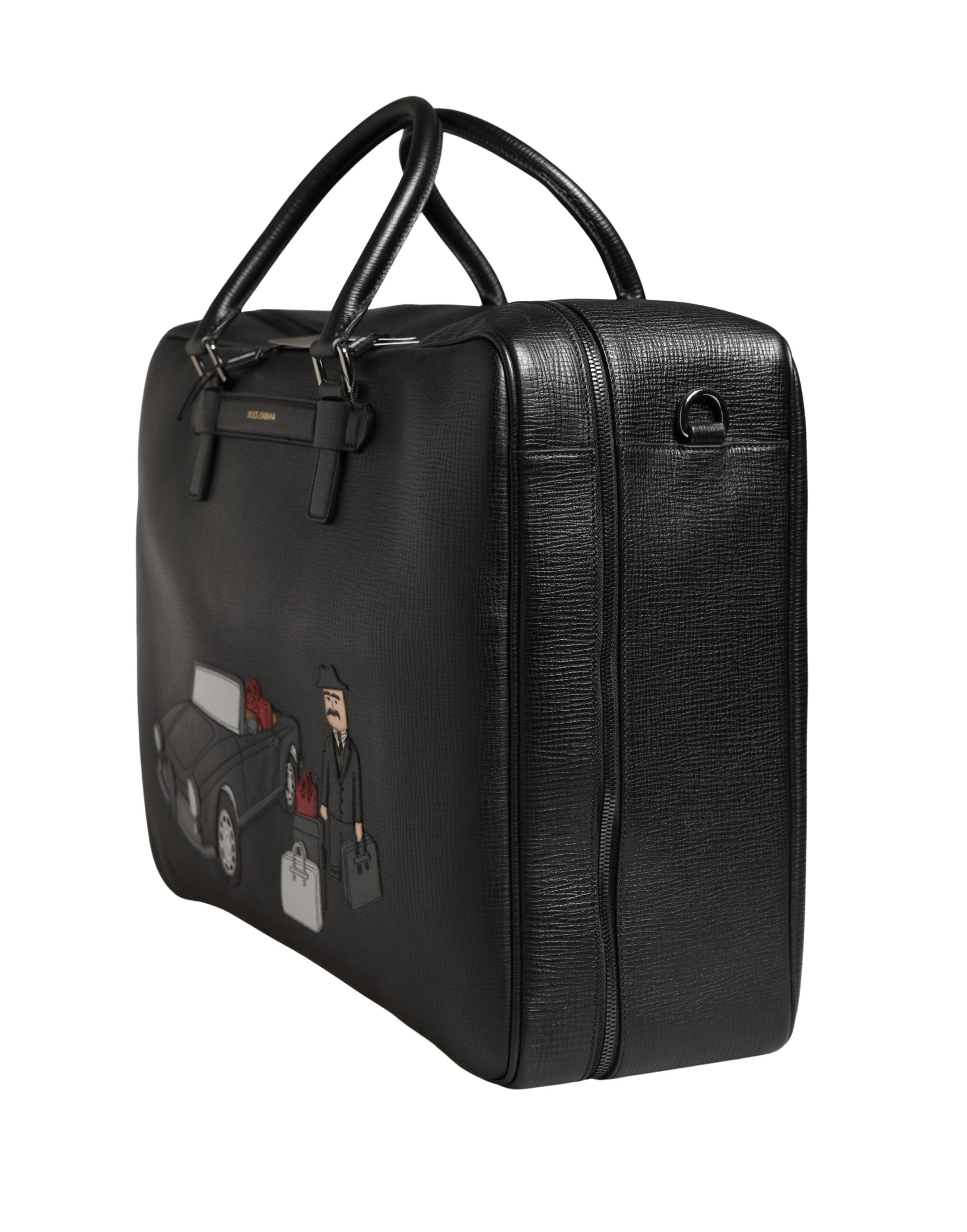 Dolce & Gabbana Schwarze Leder-Weekender-Tasche mit Auto-Applikation-5