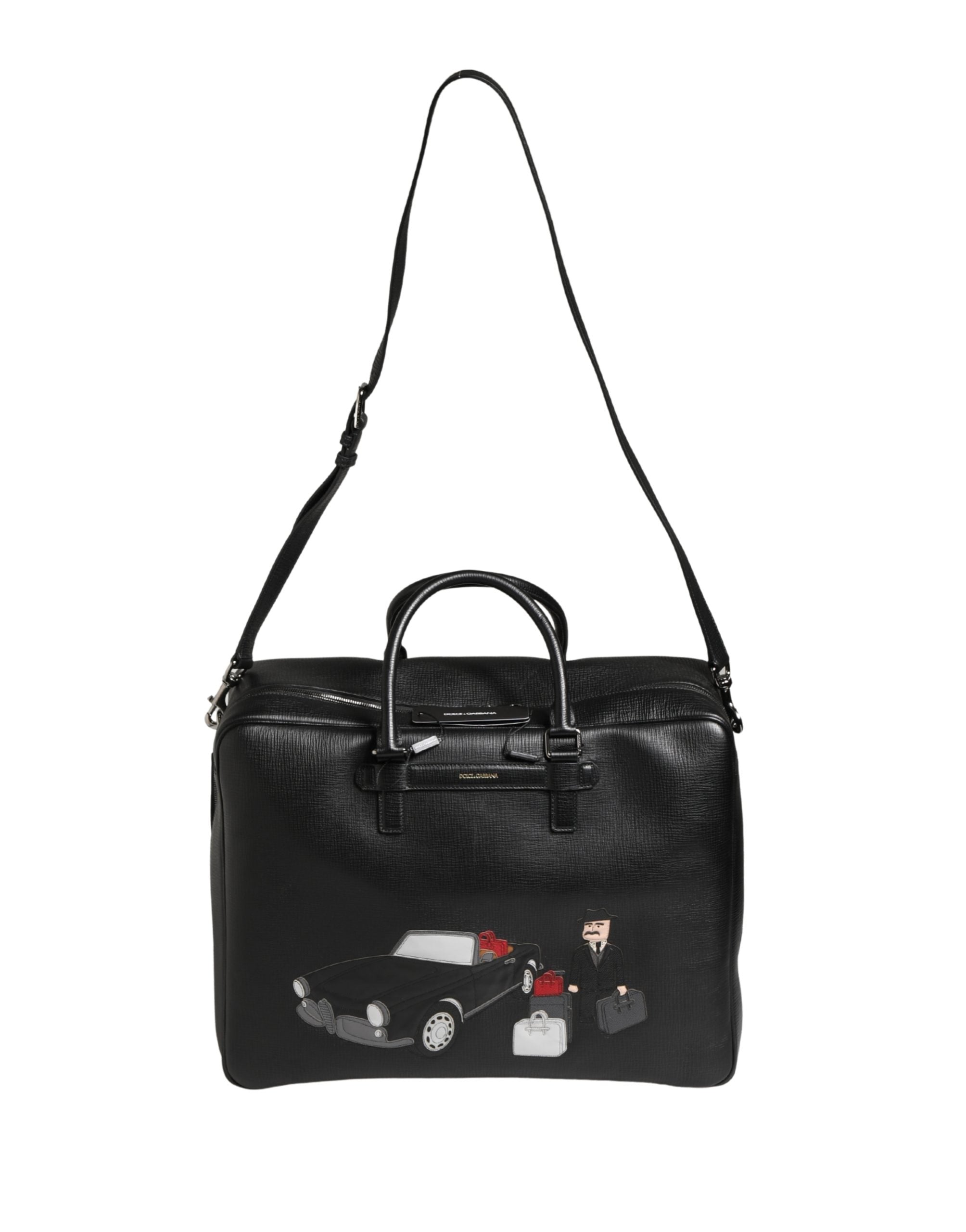Dolce & Gabbana Schwarze Leder-Weekender-Tasche mit Auto-Applikation-8