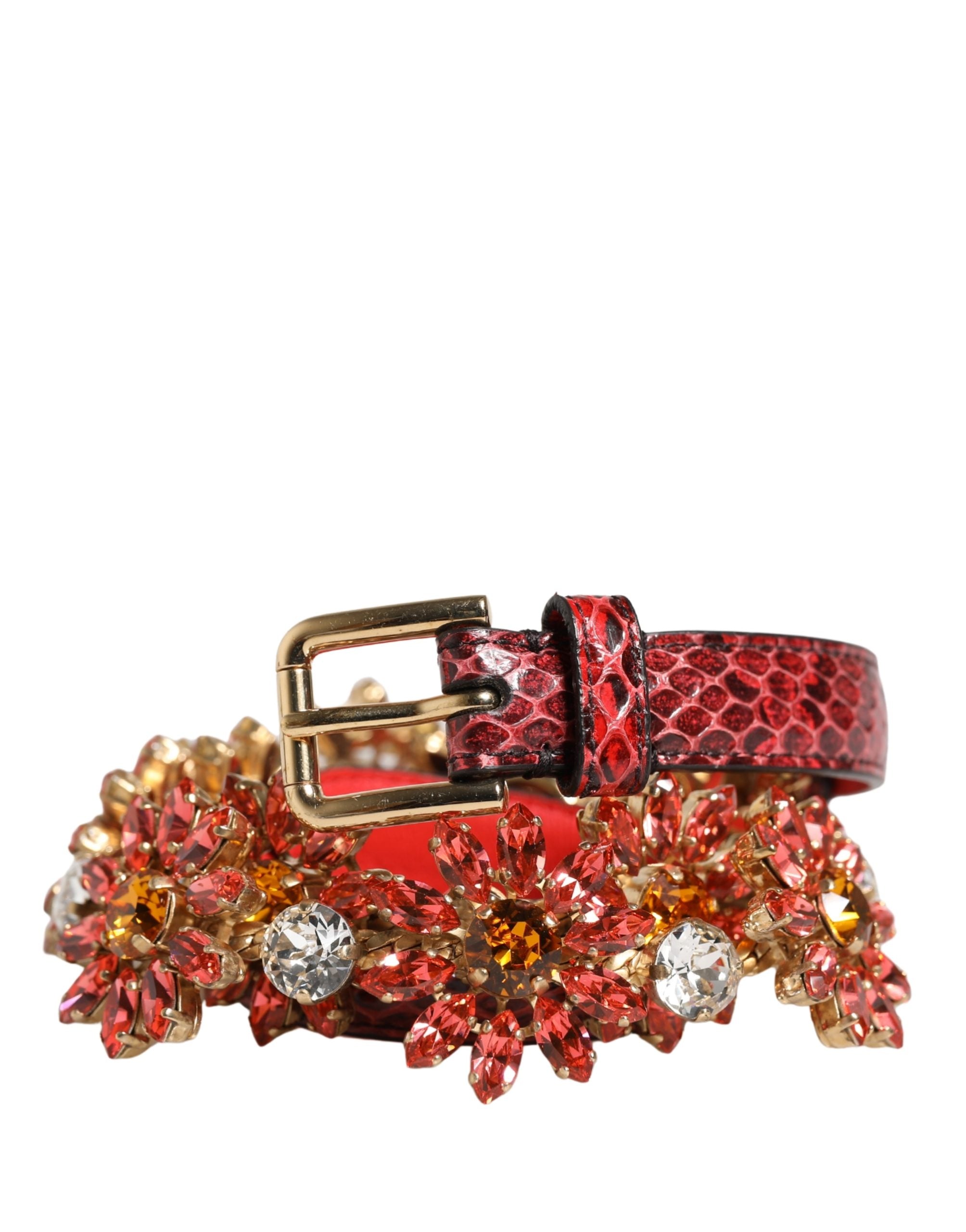 Dolce & Gabbana Red Leather Belt with Daisy Crystal Embellishment-2