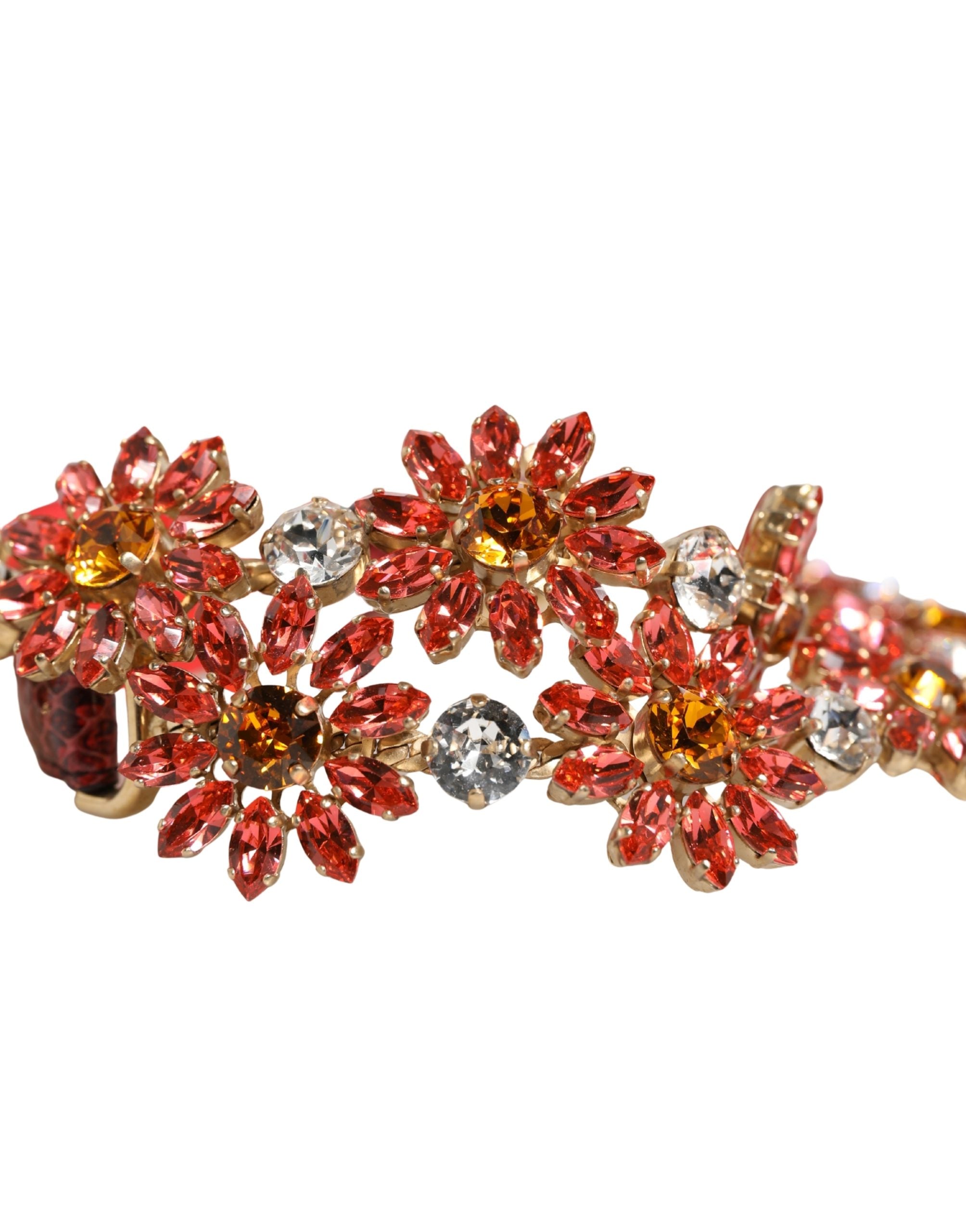 Dolce & Gabbana Red Leather Belt with Daisy Crystal Embellishment-5