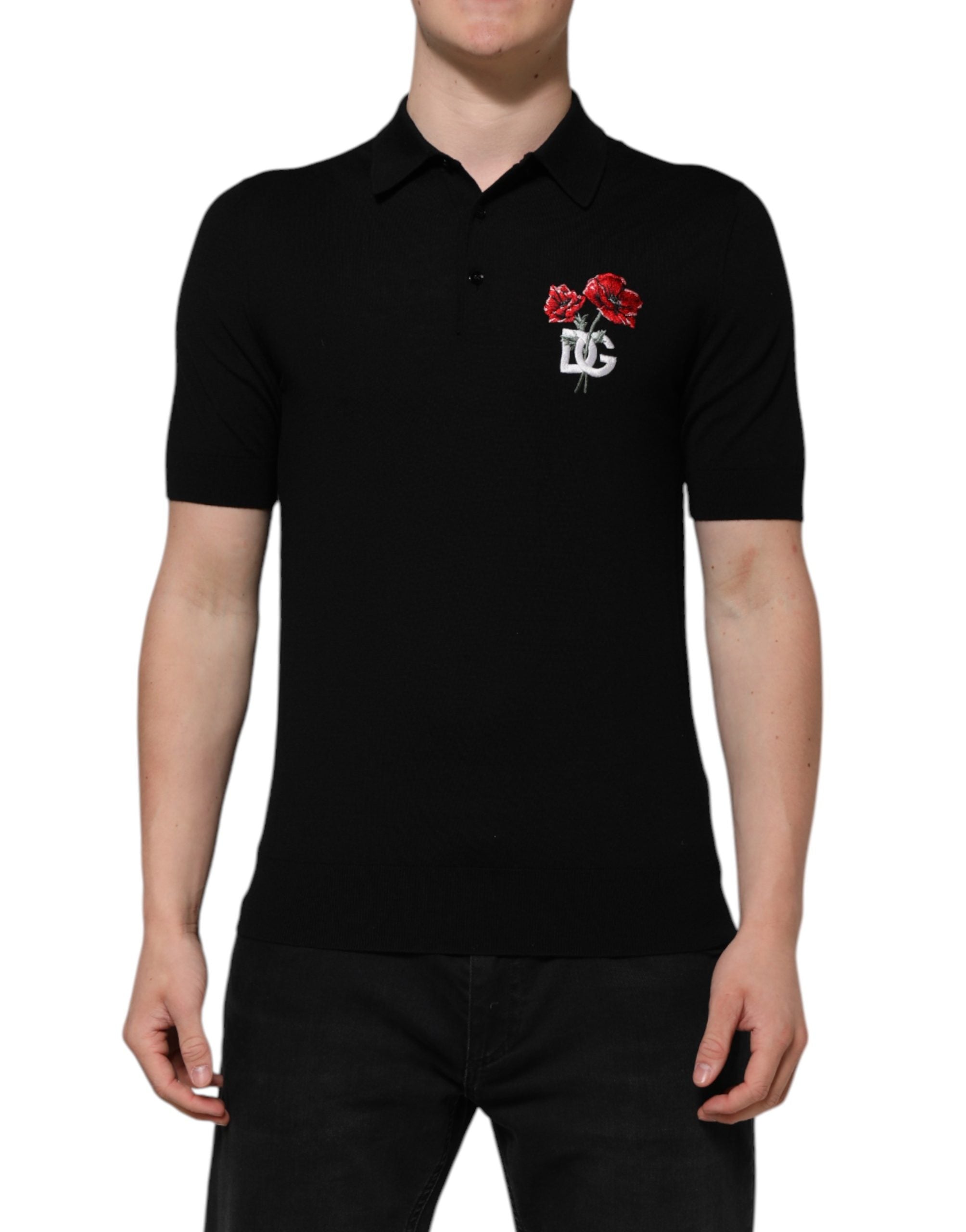 Dolce & Gabbana Black Wool T-Shirt with Floral Logo and Short Sleeves-2