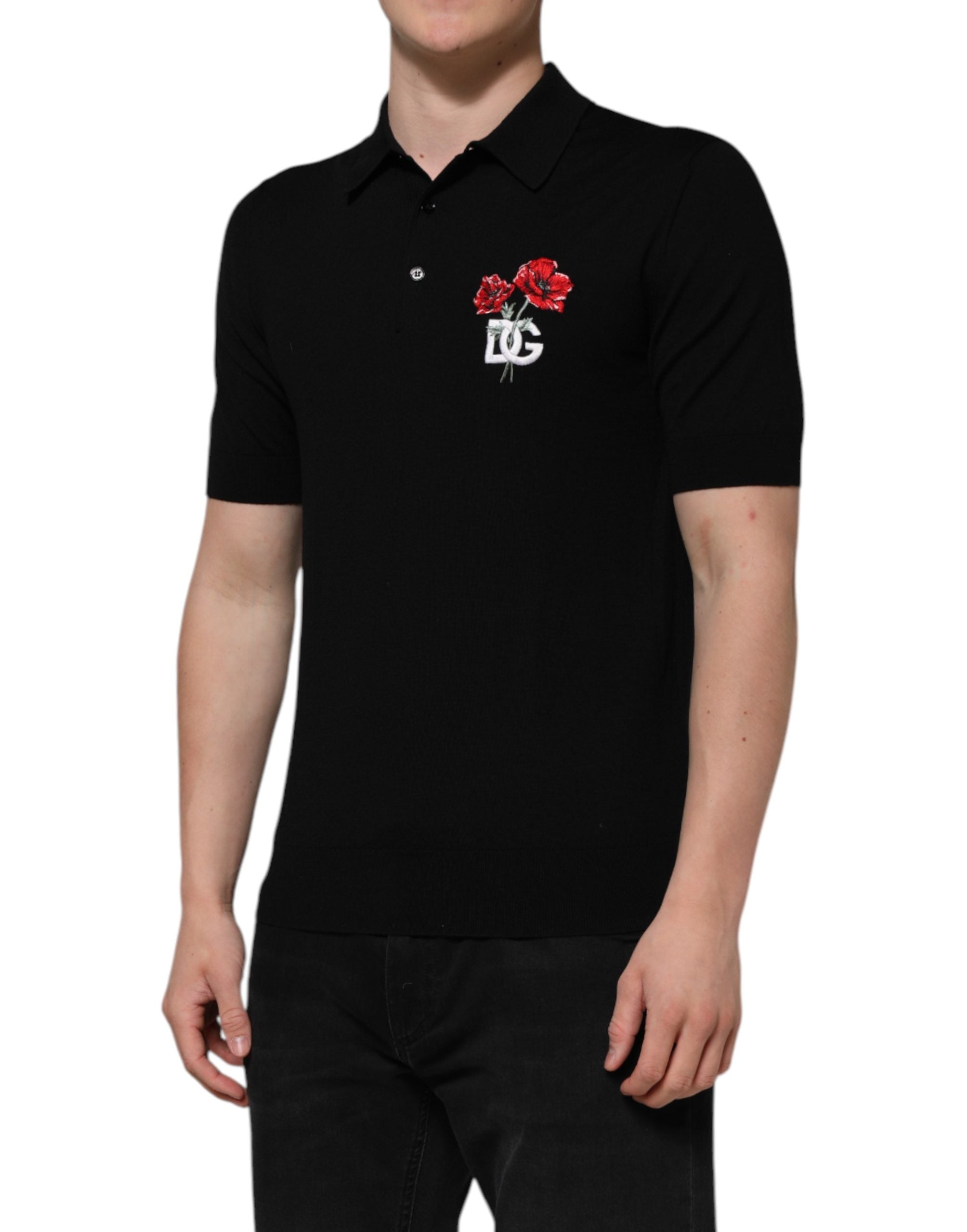 Dolce & Gabbana Black Wool T-Shirt with Floral Logo and Short Sleeves-3