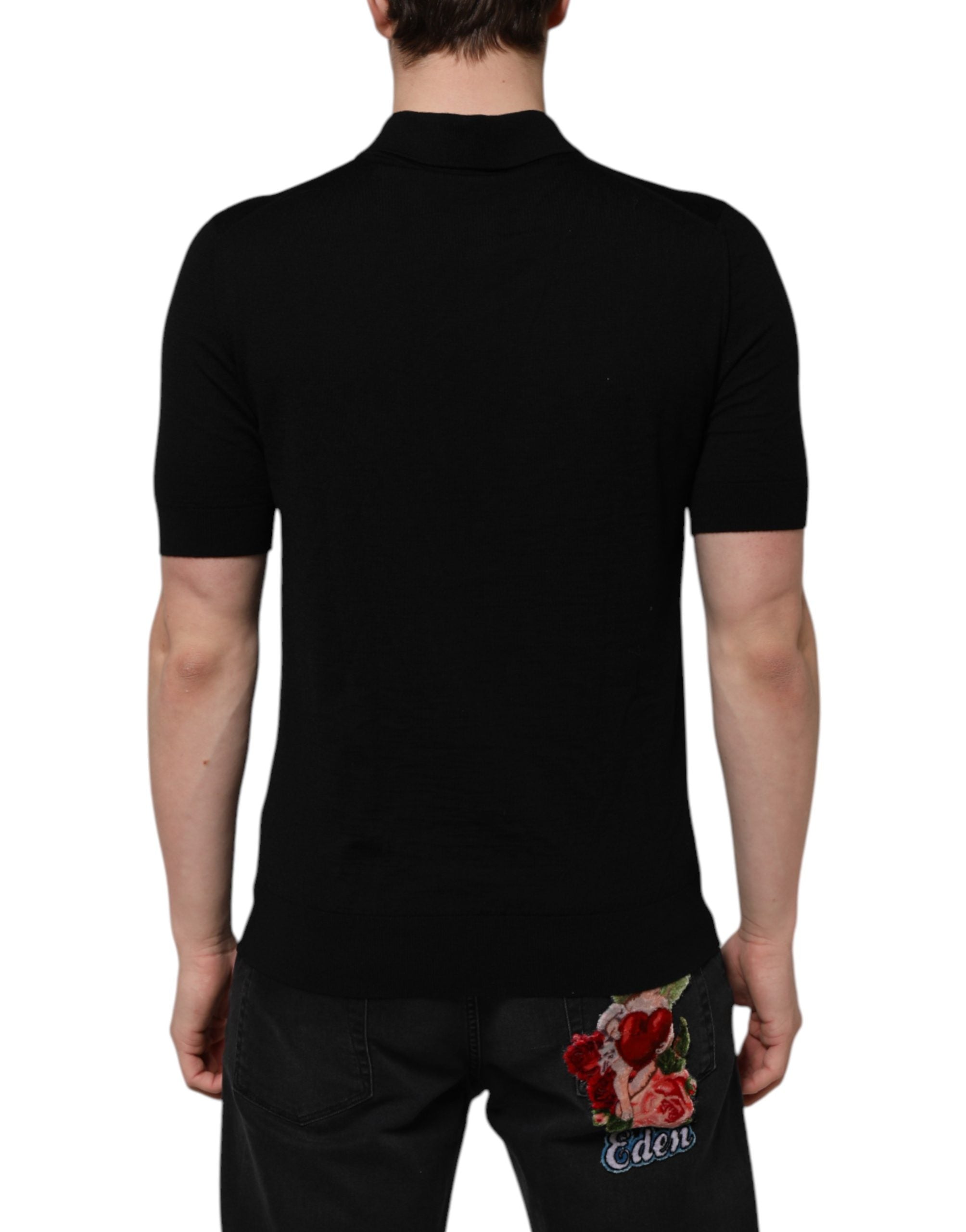Dolce & Gabbana Black Wool T-Shirt with Floral Logo and Short Sleeves-4