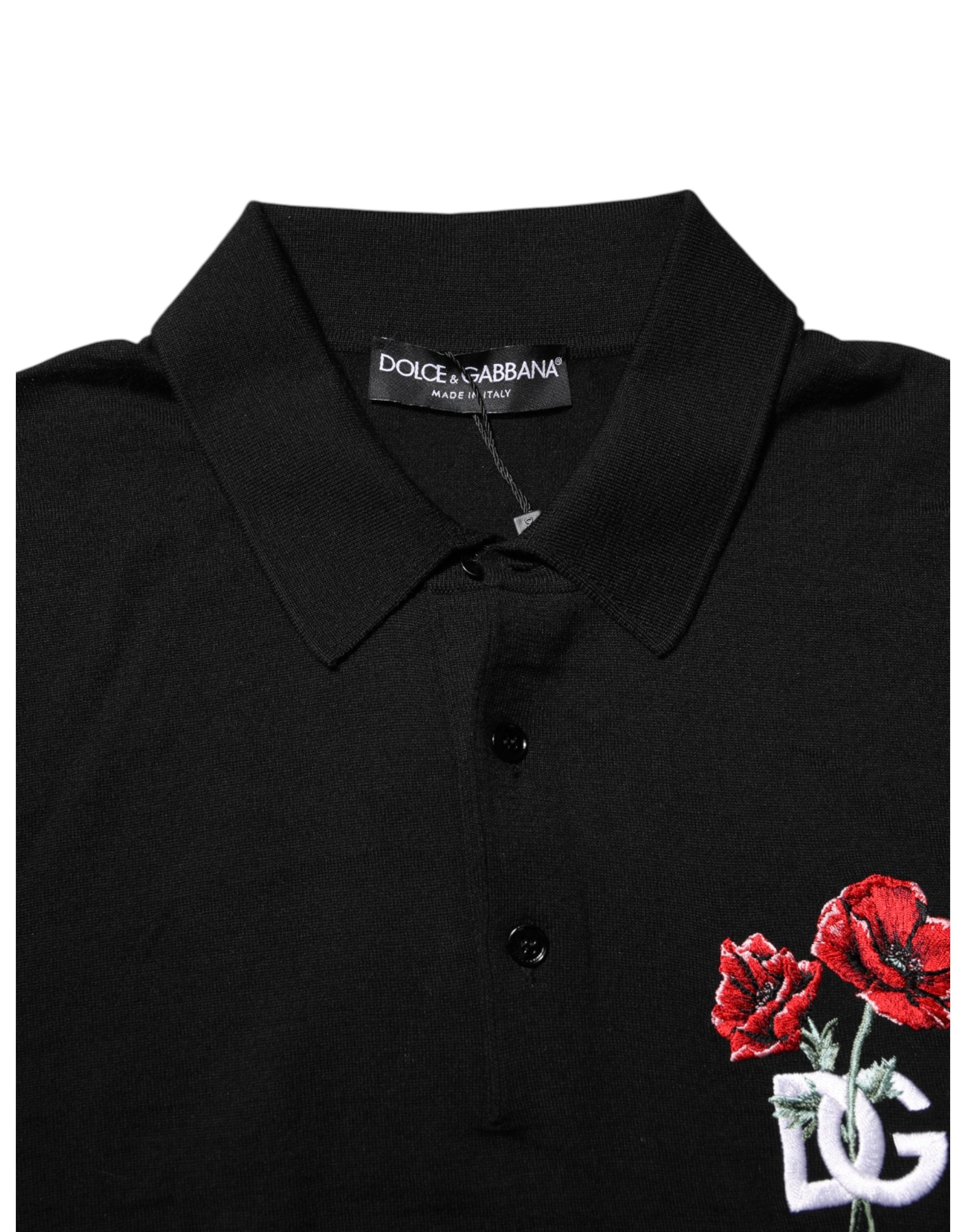 Dolce & Gabbana Black Wool T-Shirt with Floral Logo and Short Sleeves-5