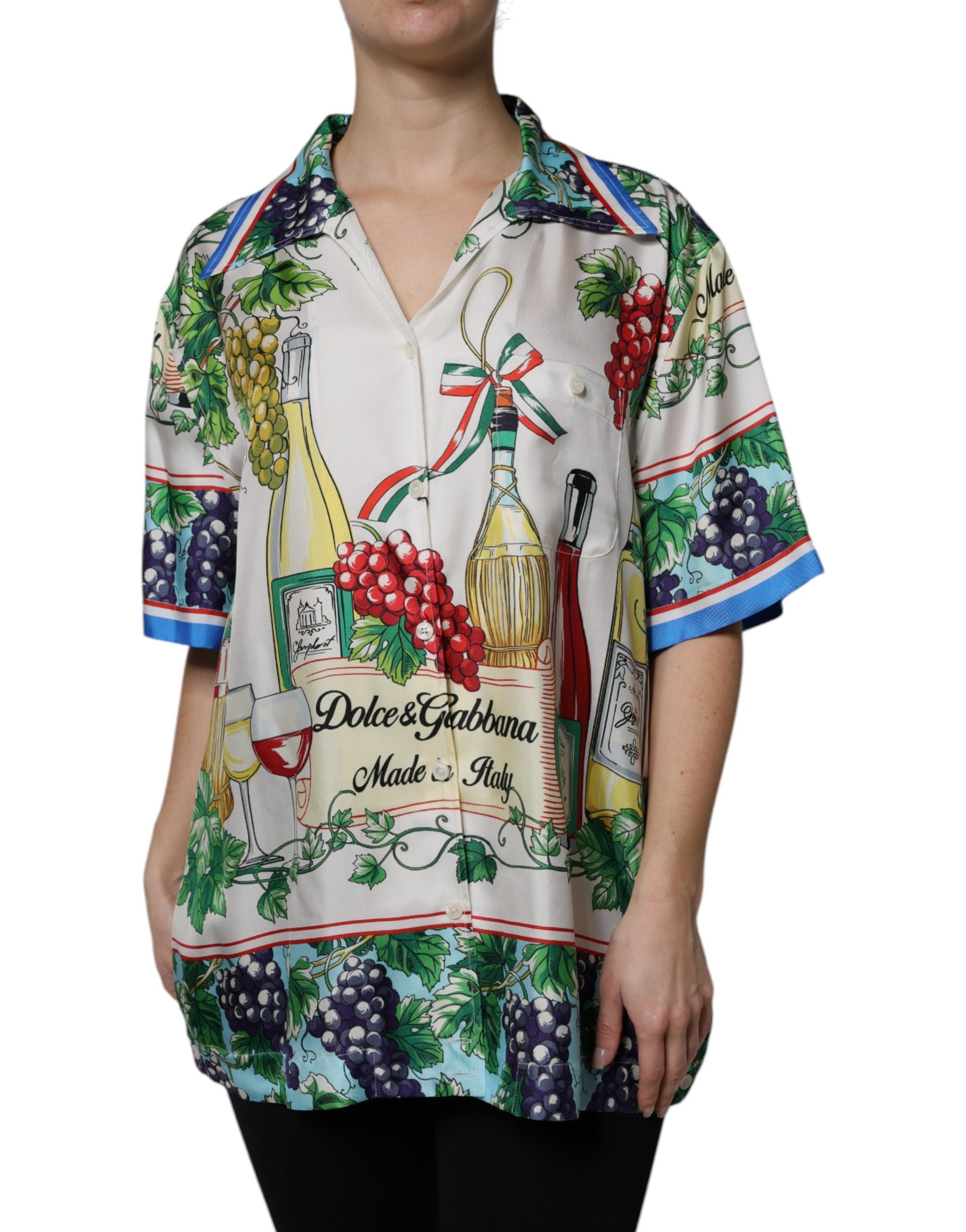 Dolce & Gabbana Short-Sleeved Silk Top with Multicolor Food Print-1