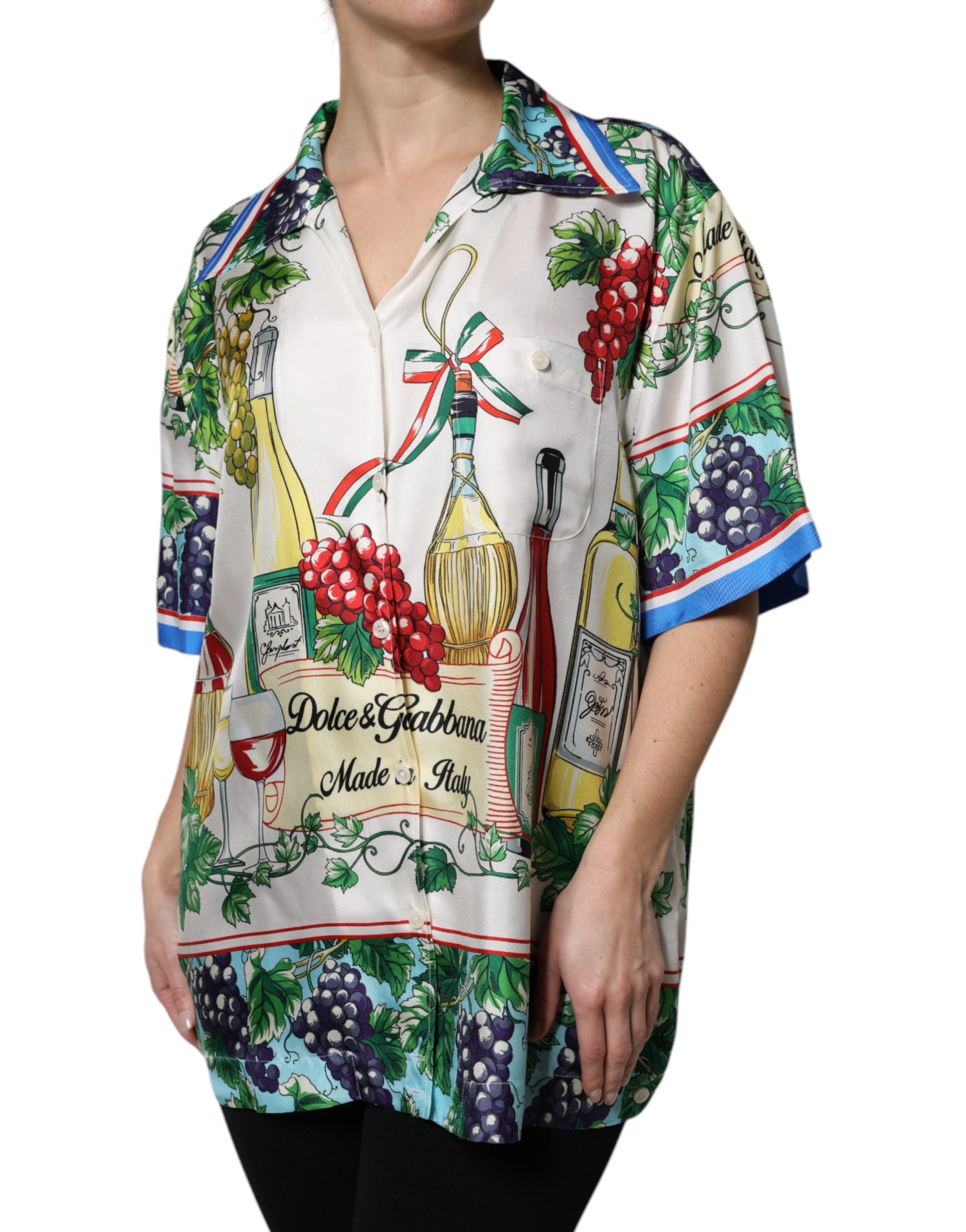 Dolce & Gabbana Short-Sleeved Silk Top with Multicolor Food Print-3