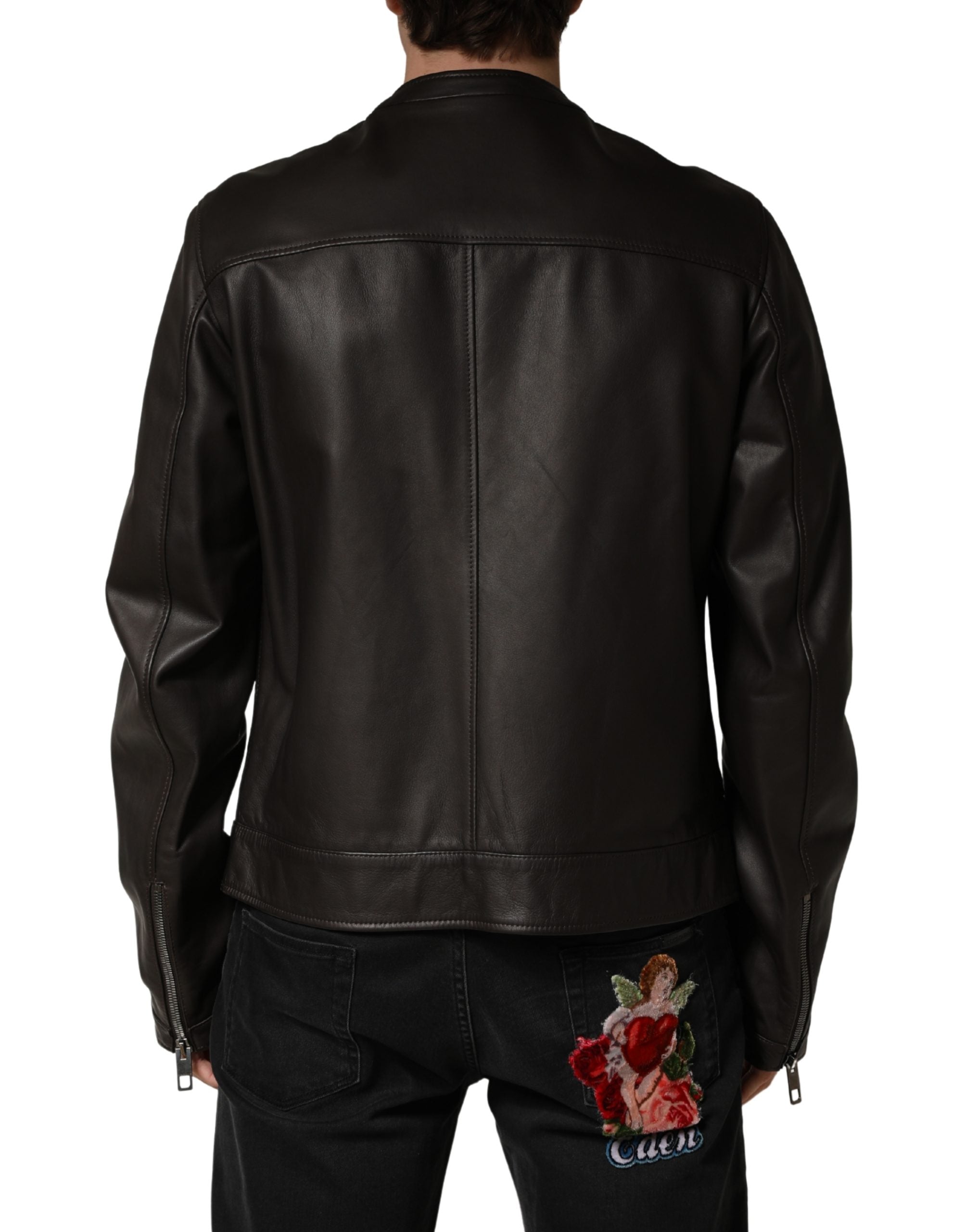 Dolce & Gabbana Black Lambskin Leather Zipper Biker Jacket-4