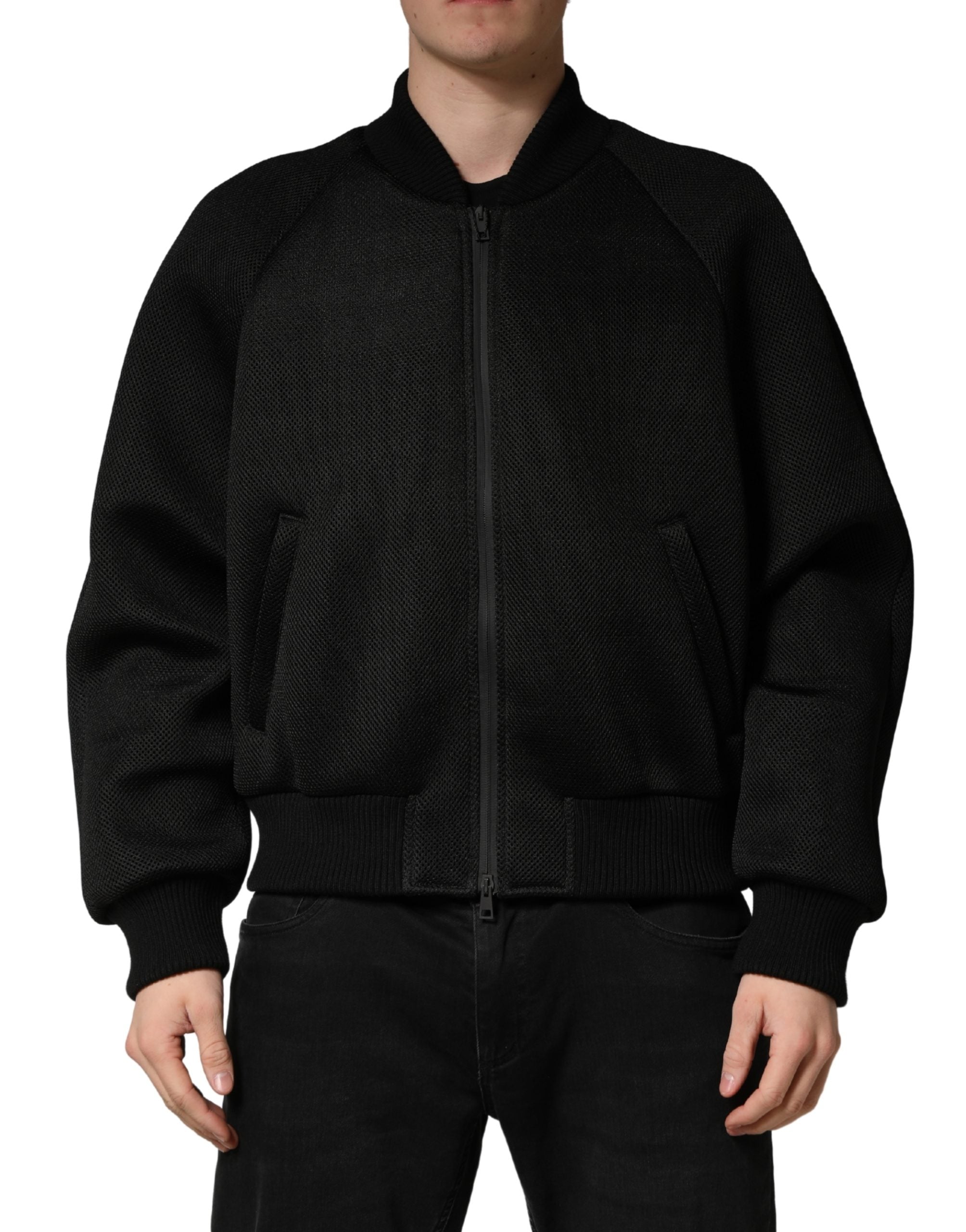 Dolce & Gabbana Herren Schwarze Nylon Bomberjacke mit durchgehendem Reißverschluss