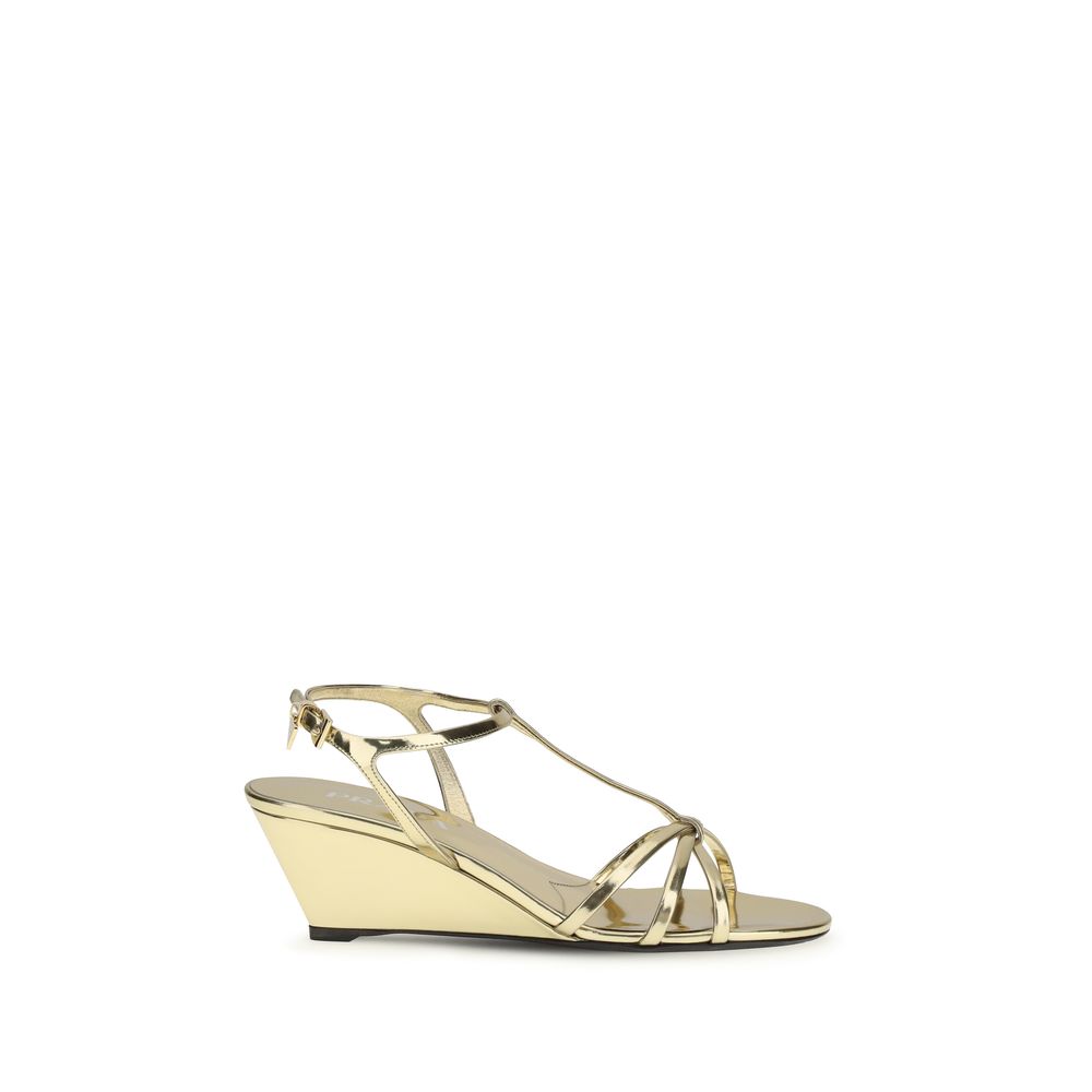 Prada Gold Calf Leather Bos Taurus Keilabsatz-Sandalen-1