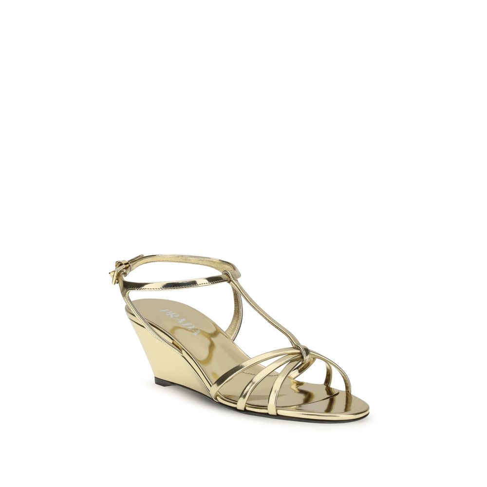 Prada Gold Calf Leather Bos Taurus Keilabsatz-Sandalen-2