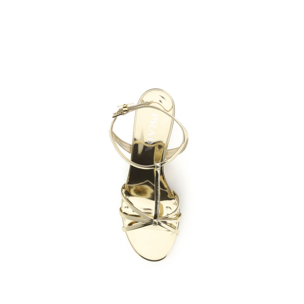 Prada Gold Calf Leather Bos Taurus Keilabsatz-Sandalen-4