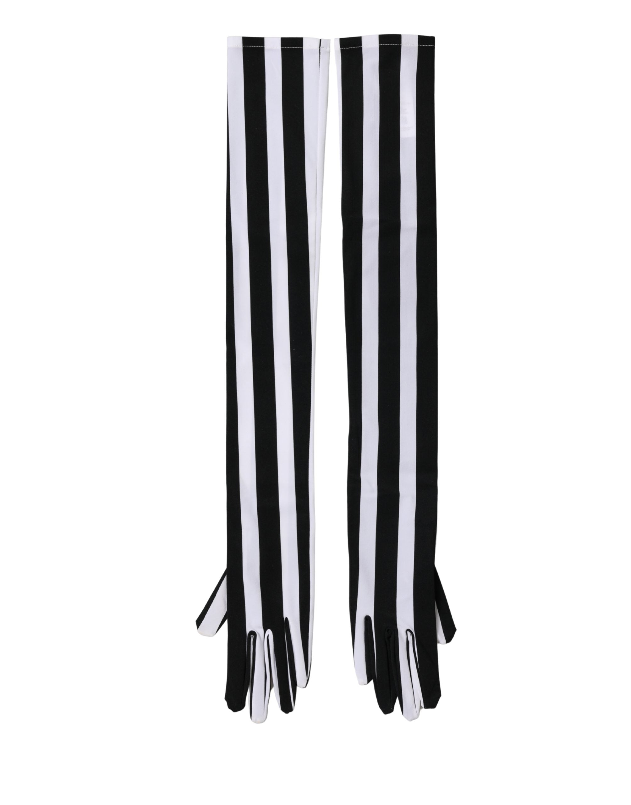 Dolce & Gabbana Schwarze und weiße gestreifte Nylon-Ellenbogenhandschuhe für Damen-1