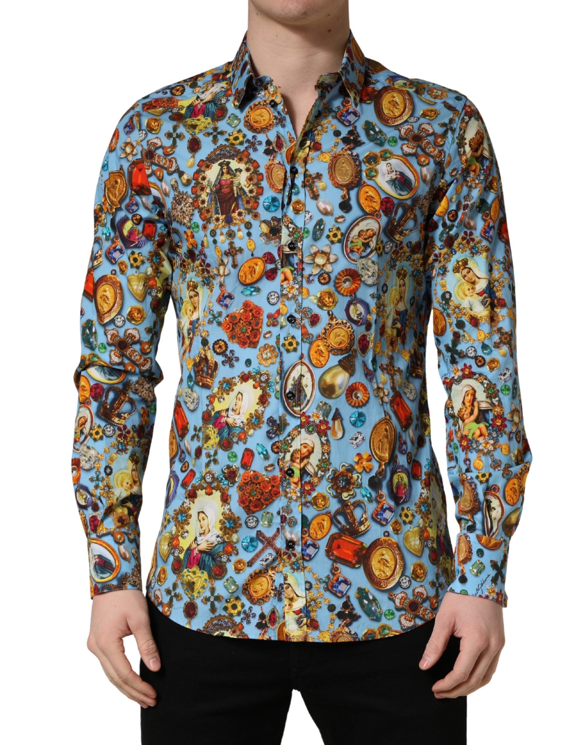 Dolce & Gabbana Blue Cotton Shirt with Jewel Print and GOLD Button Placket-1