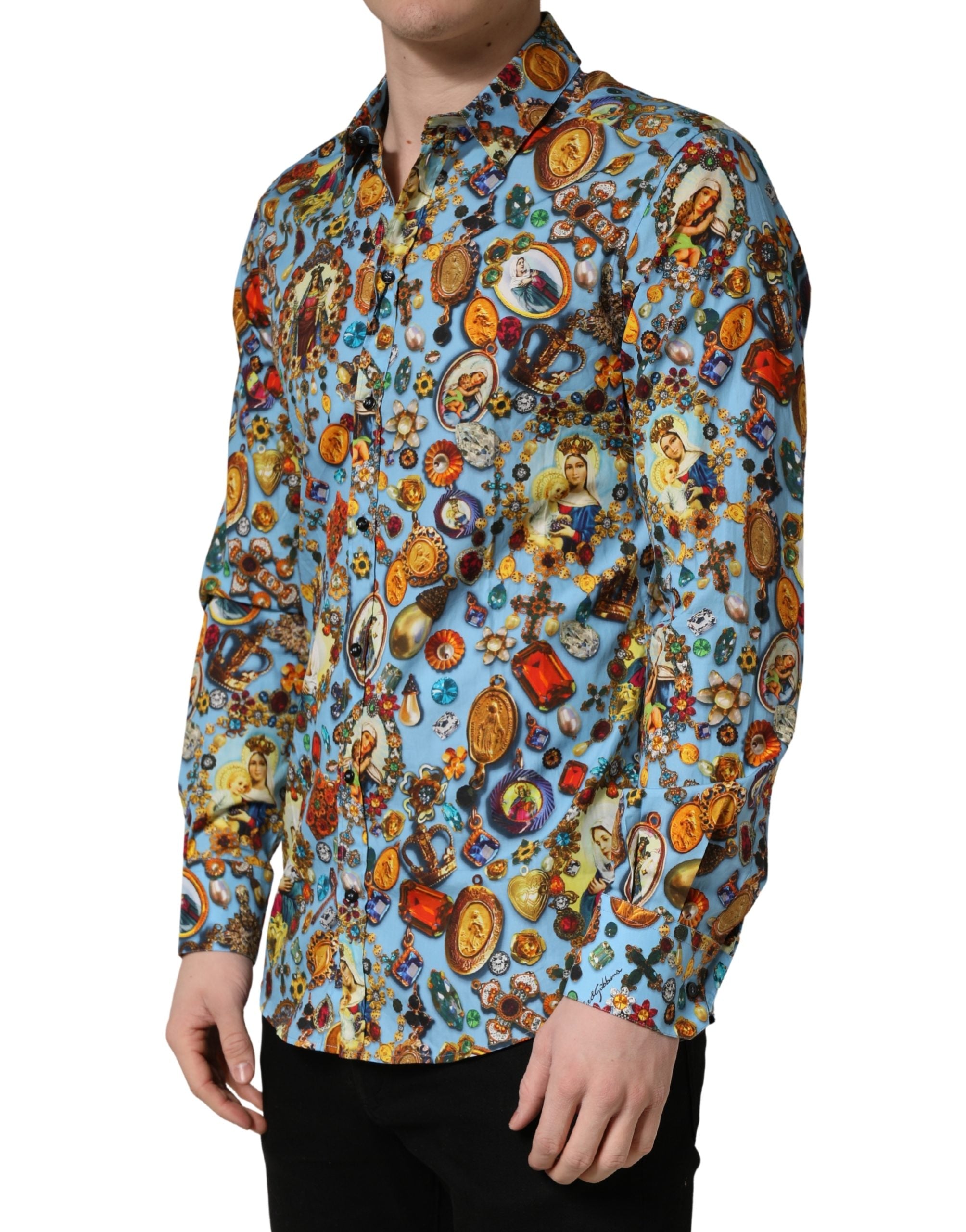 Dolce & Gabbana Blue Cotton Shirt with Jewel Print and GOLD Button Placket-3
