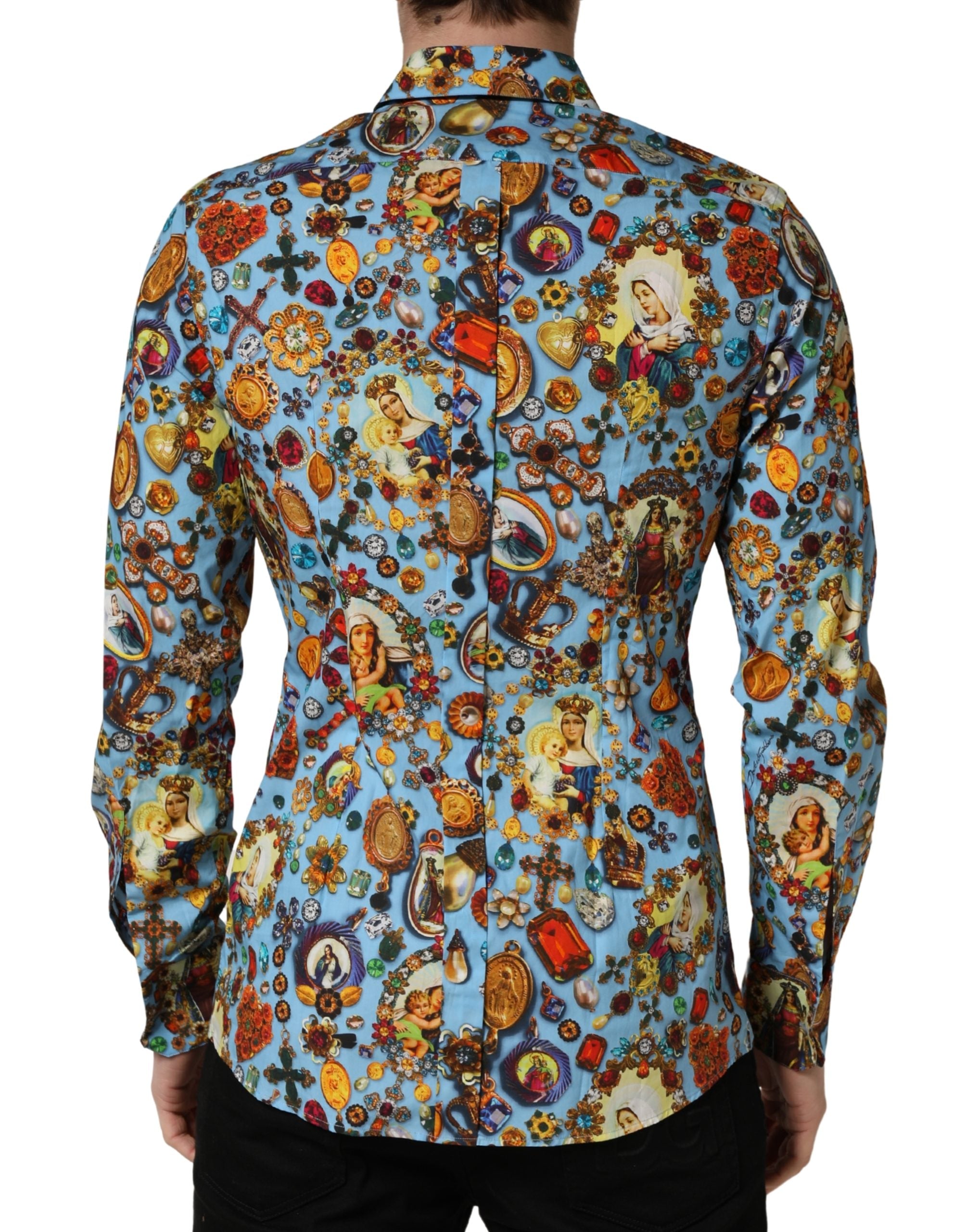 Dolce & Gabbana Blue Cotton Shirt with Jewel Print and GOLD Button Placket-4