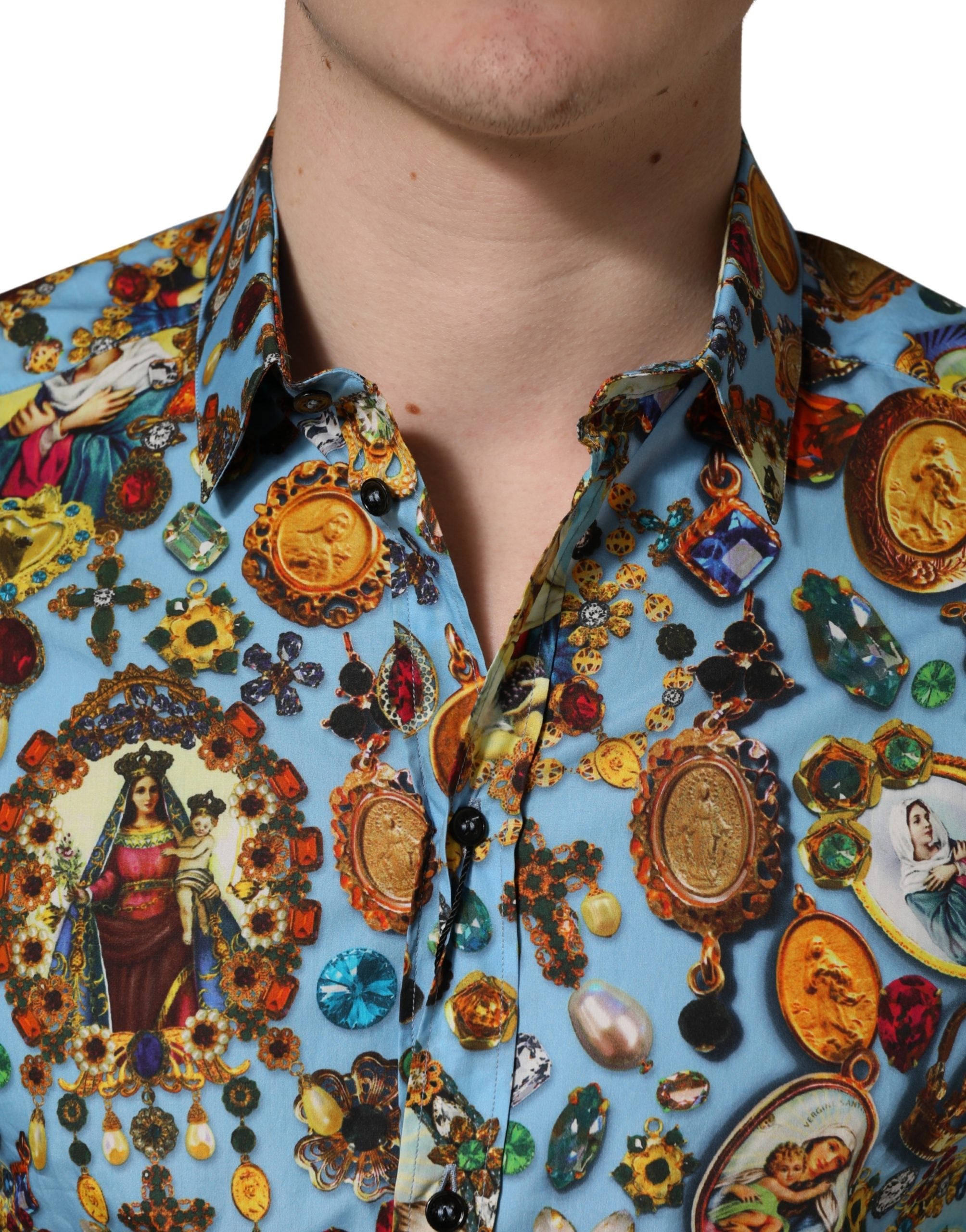 Dolce & Gabbana Blue Cotton Shirt with Jewel Print and GOLD Button Placket-5