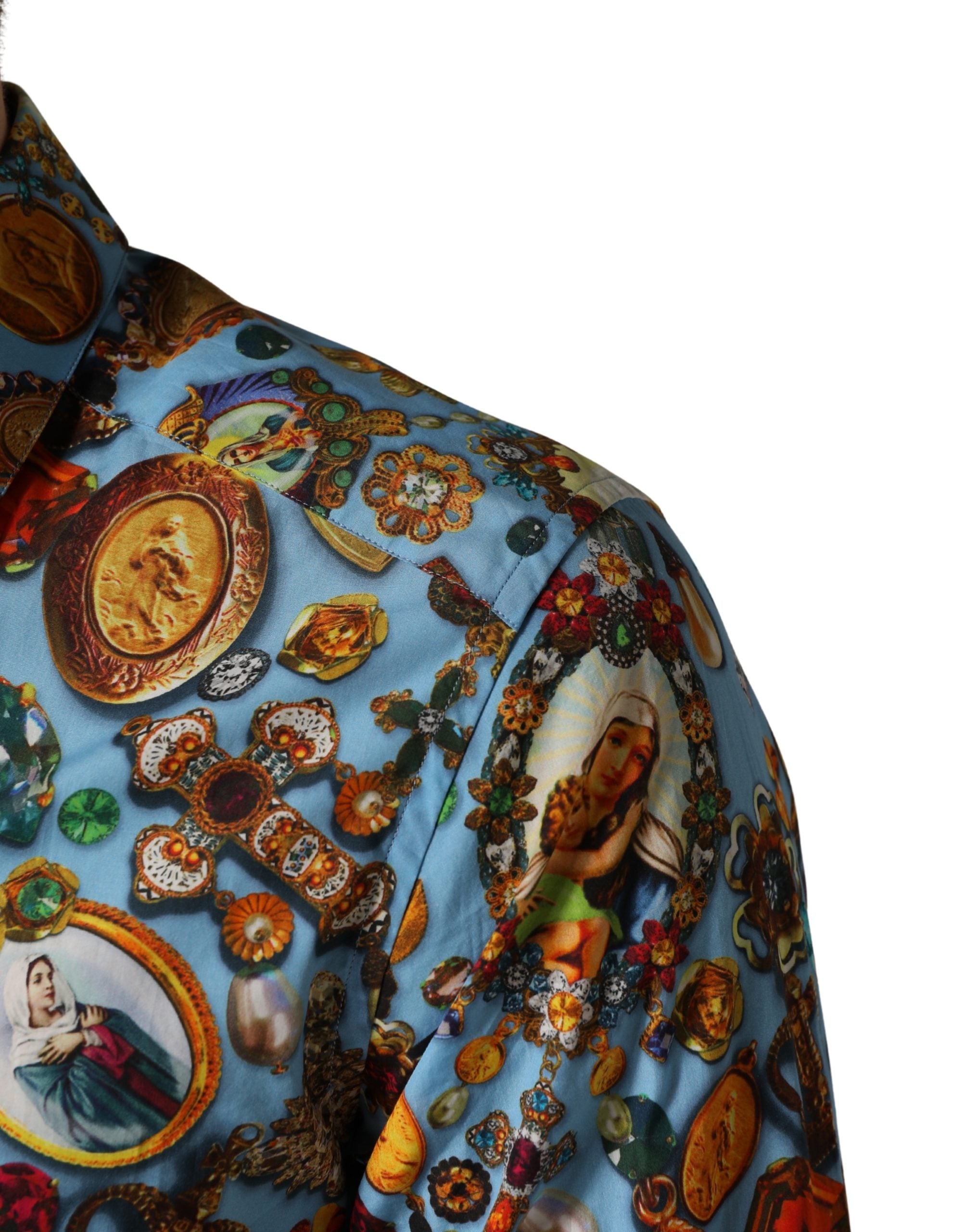 Dolce & Gabbana Blue Cotton Shirt with Jewel Print and GOLD Button Placket-6